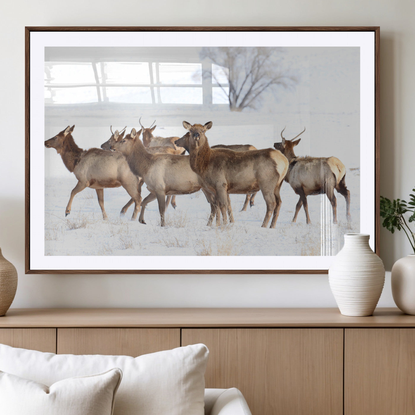 68738684-MGV-CV-36X24-Winter Elk Scene Wall Art Canvas Print, Framed Wildlife Photography Art Picture Print, Snowy Deer Decor Perfect Rustic Lodge Decor