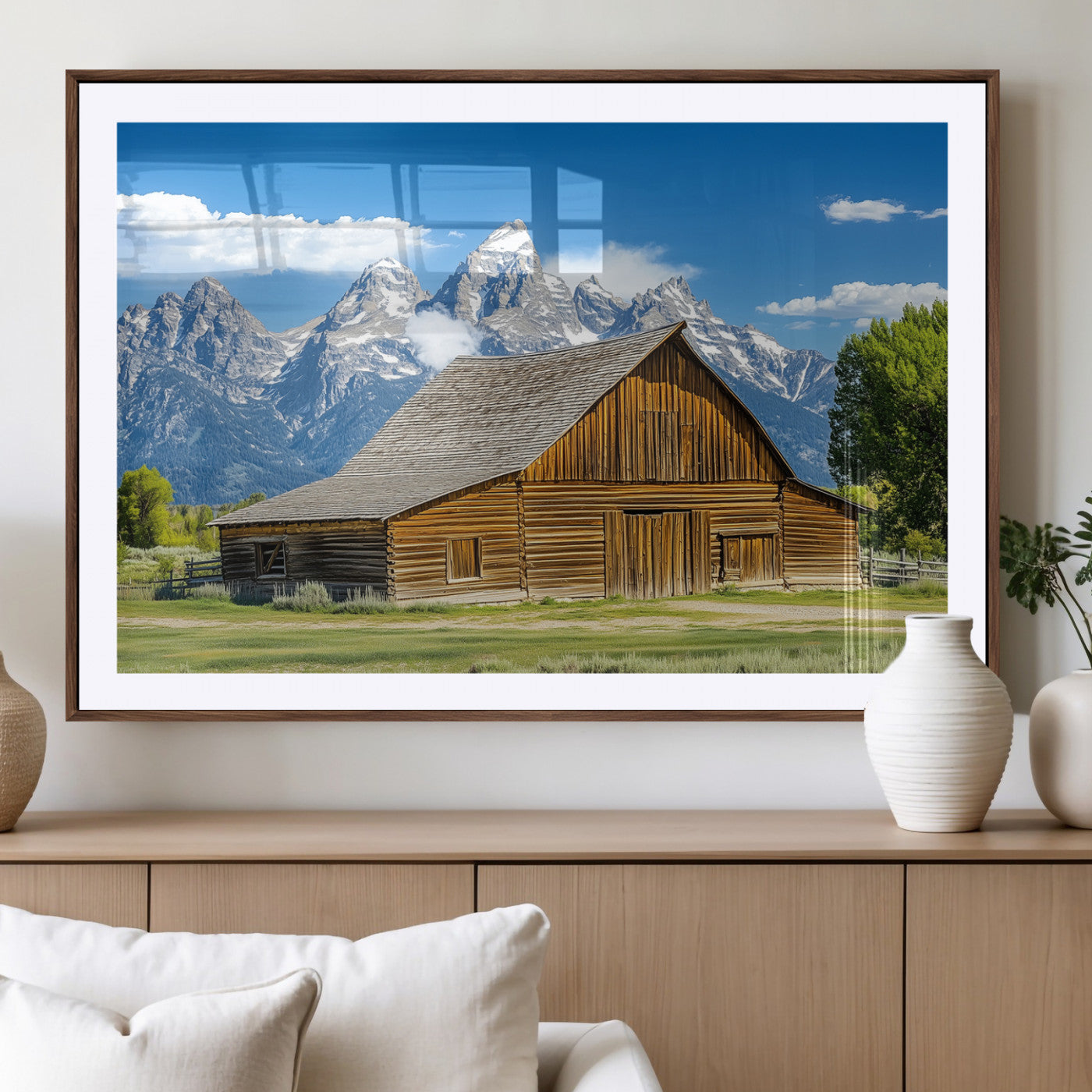 75948467-MGV-CV-36X24-Mountain Barn Scene Wall Art Canvas Print, Framed Rustic Farmhouse Style Art Picture Print, Country Cabin Decor Perfect Rustic