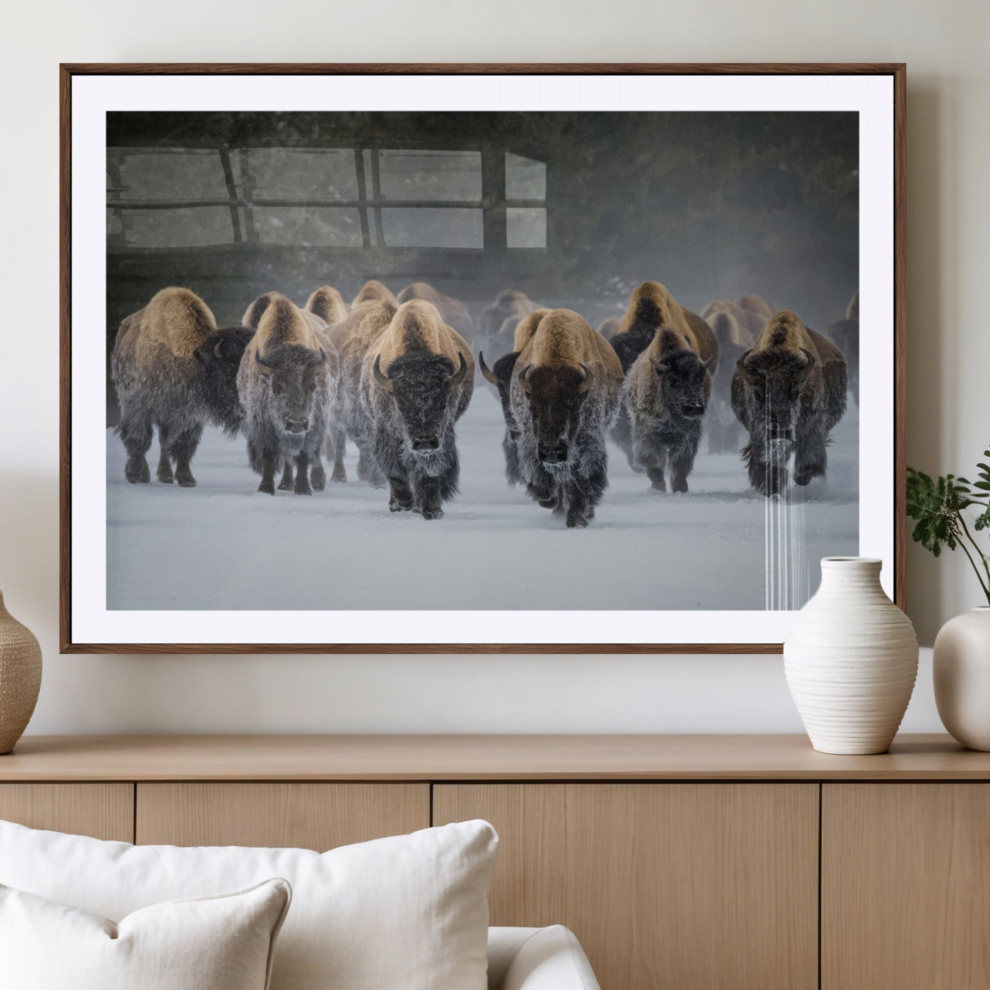 41669135-MGV-CV-36X24-Bison Herd Scene Wall Art Canvas Print, Framed Rustic Wildlife Decor Art Picture Print, Snowy Bison Landscape Perfect Rustic
