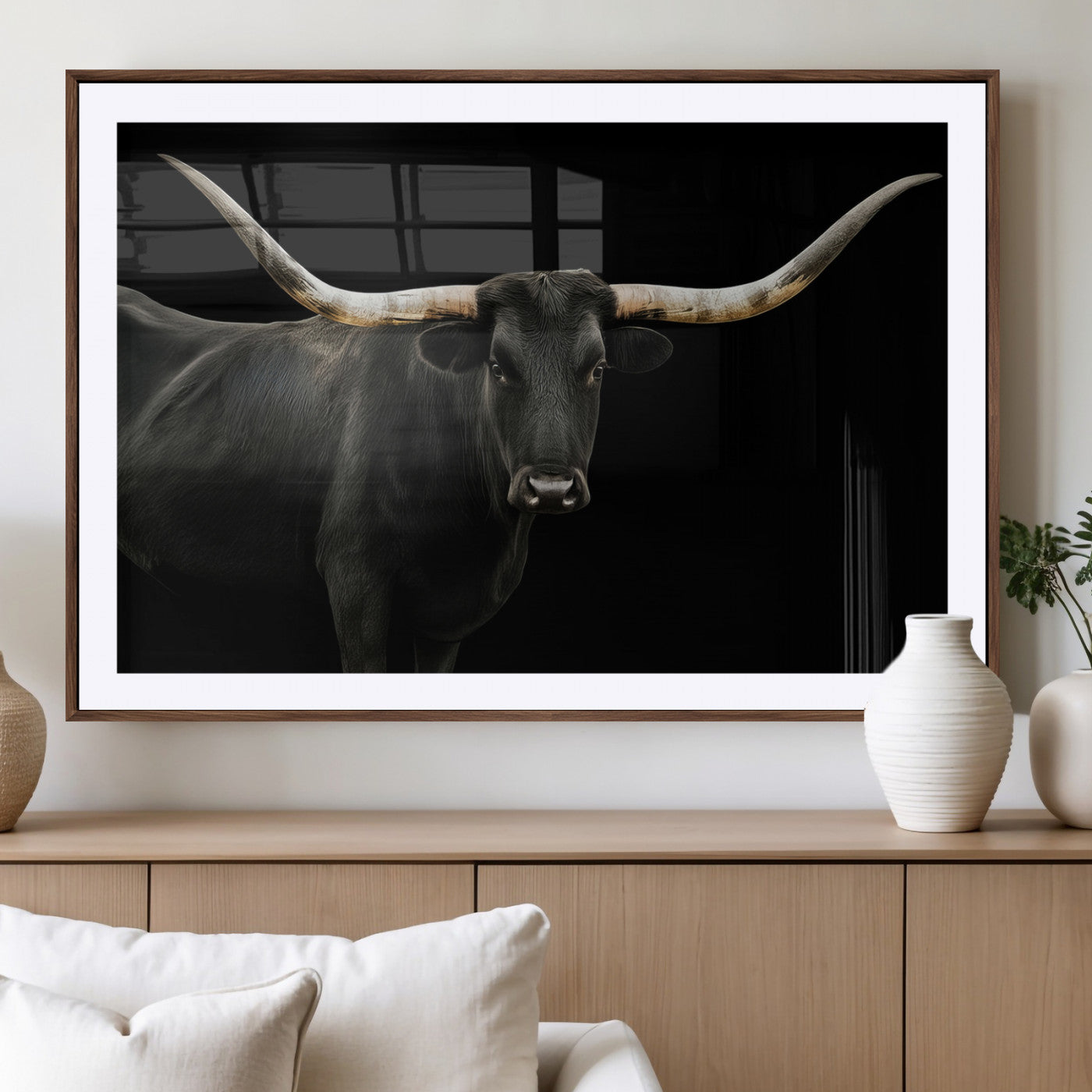 23572907-MGV-CV-36X24-Texas Longhorn Wall Art Canvas Print, Framed Rustic Western Decor Art Picture Print, Farmhouse Animal Perfect Modern Western