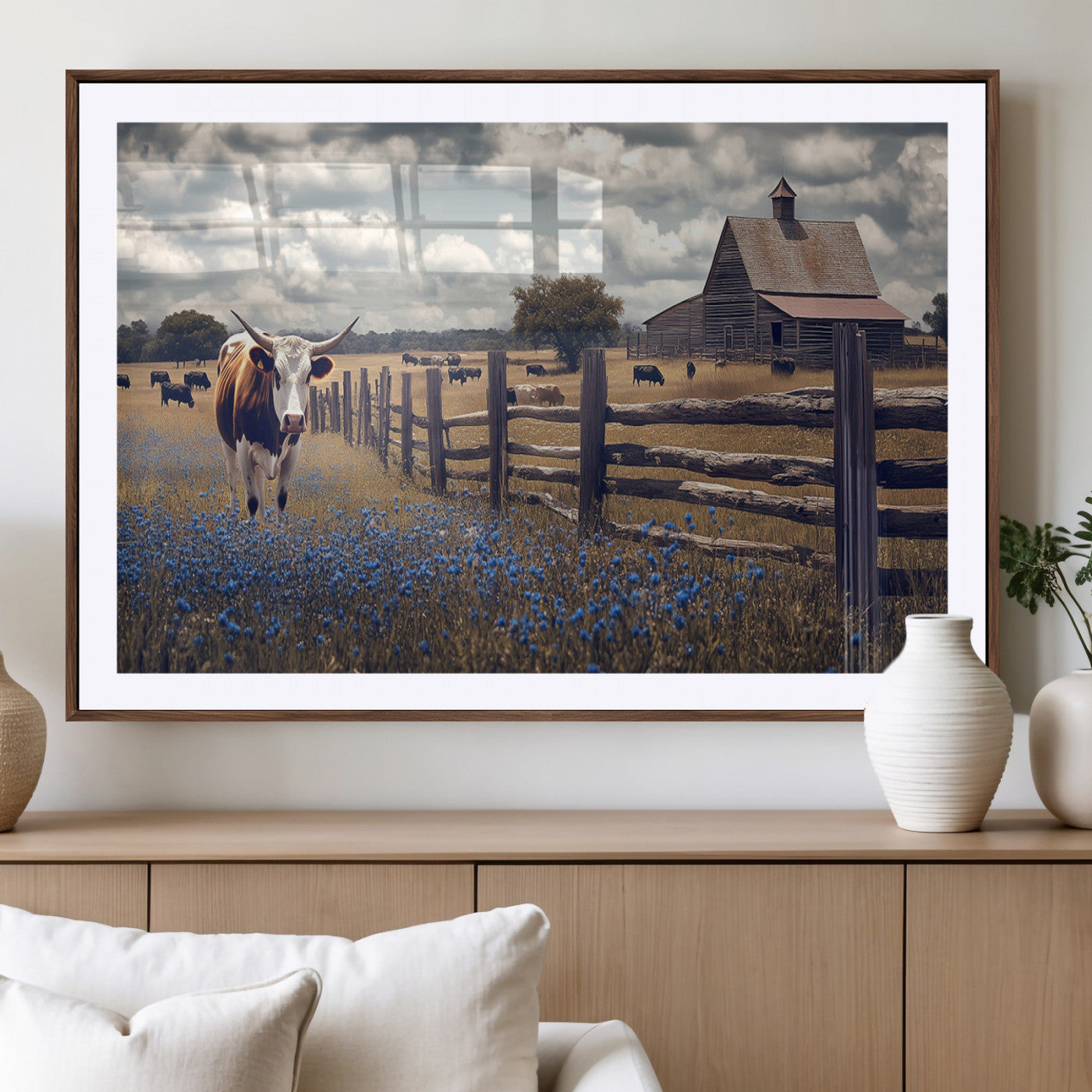 22296025-MGV-CV-36X24-Texas Longhorn Canvas Wall Art Canvas Print, Framed Rustic Barn Wall Art Art Picture Print, Farmhouse Cow Decor Perfect Rustic