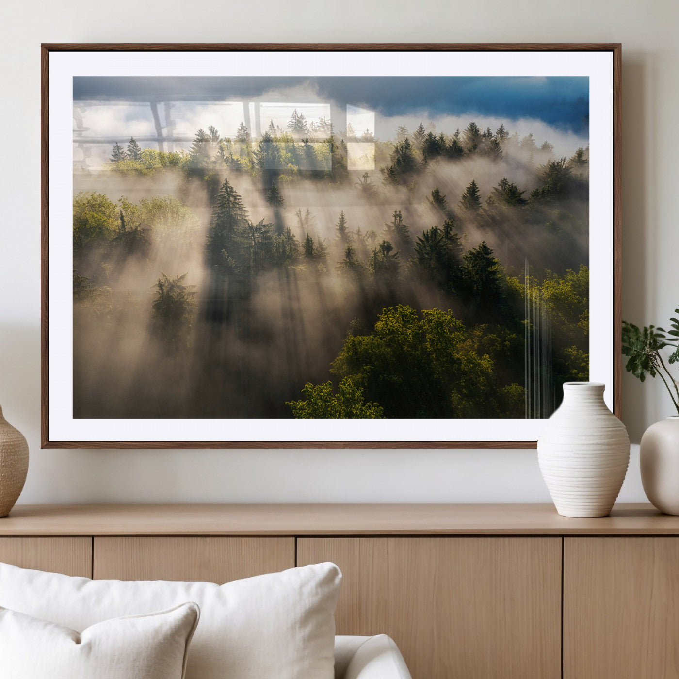 14785710-MGV-CV-36X24-Tranquil Forest Scene Wall Art Canvas Print, Framed Sunbeam Through Trees Art Picture Print, Moody Green Wall Art Perfect