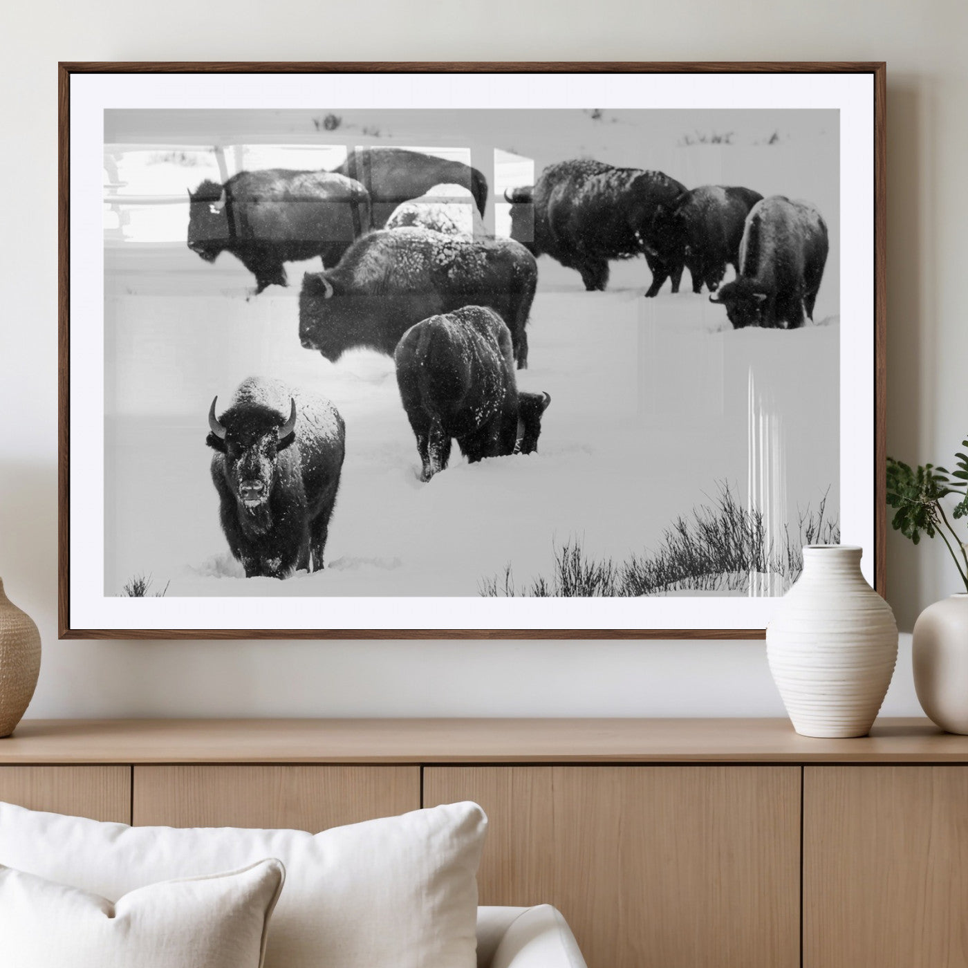 18914414-MGV-CV-36X24-Buffalo Herd Wall Art Canvas Print, Framed Black and White Art Picture Print, Snowy Landscape Perfect Rustic Lodge Decor Decor