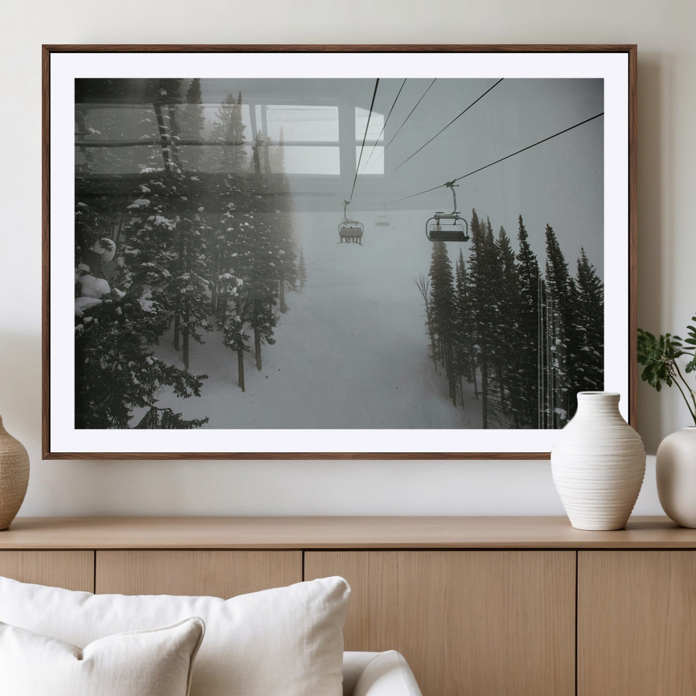 87018452-MGV-CV-36X24-Ski Lift Wall Art Canvas Print, Framed Snowy Pines Art Picture Print, Misty Landscape Perfect Winter Serenity Decor Artwork