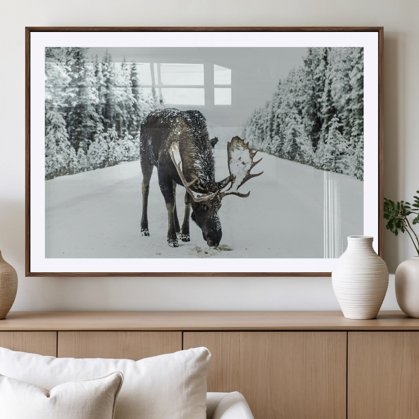 13316292-MGC-FP-36x24_Walnut-Moose in Snow Wall Art Canvas Print, Framed Winter Wildlife Art Picture Print, Snowy Forest Scene Perfect Rustic Lodge Decor