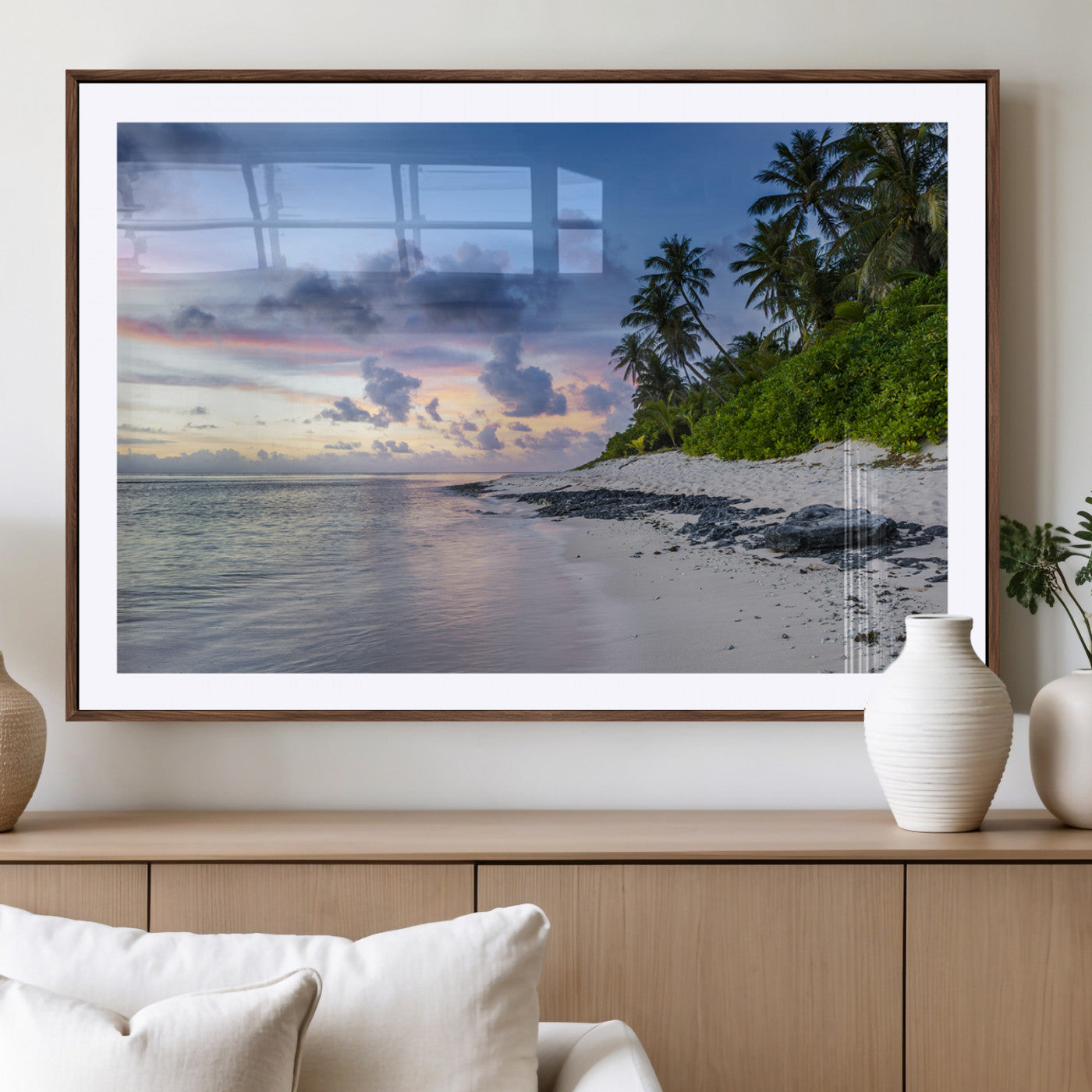 75045485-MGC-FP-36x24_Walnut-Tropical Beach Wall Art Canvas Print, Framed Sunset Glow Art Picture Print, Palm Tree Coast Perfect Tropical Coastal Decor Artwork