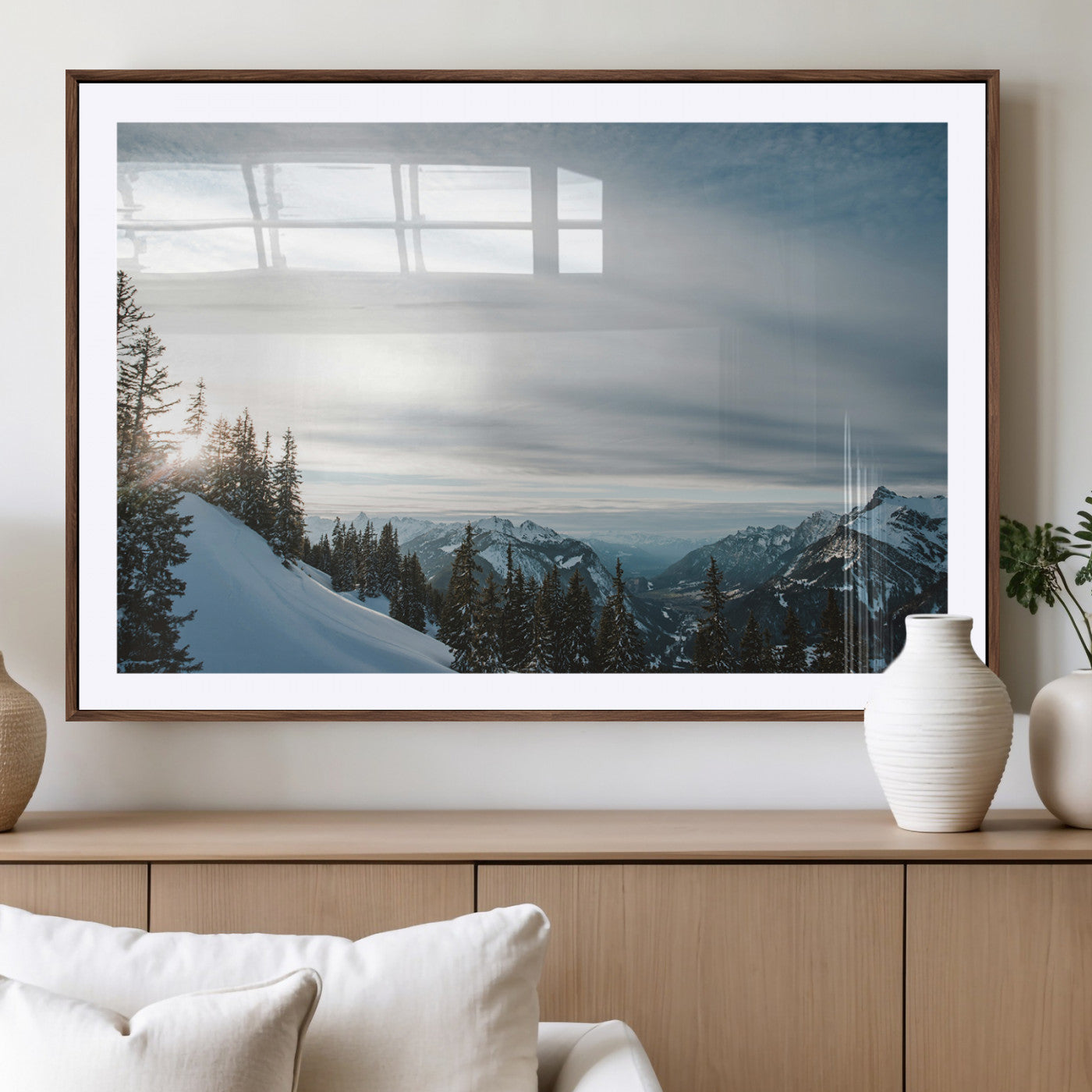 55564749-MGC-FP-36x24_Walnut-Snowy Mountains Wall Art Canvas Print, Framed Alpine Landscape Art Picture Print, Frosty Peaks Perfect Nordic Minimalist Decor