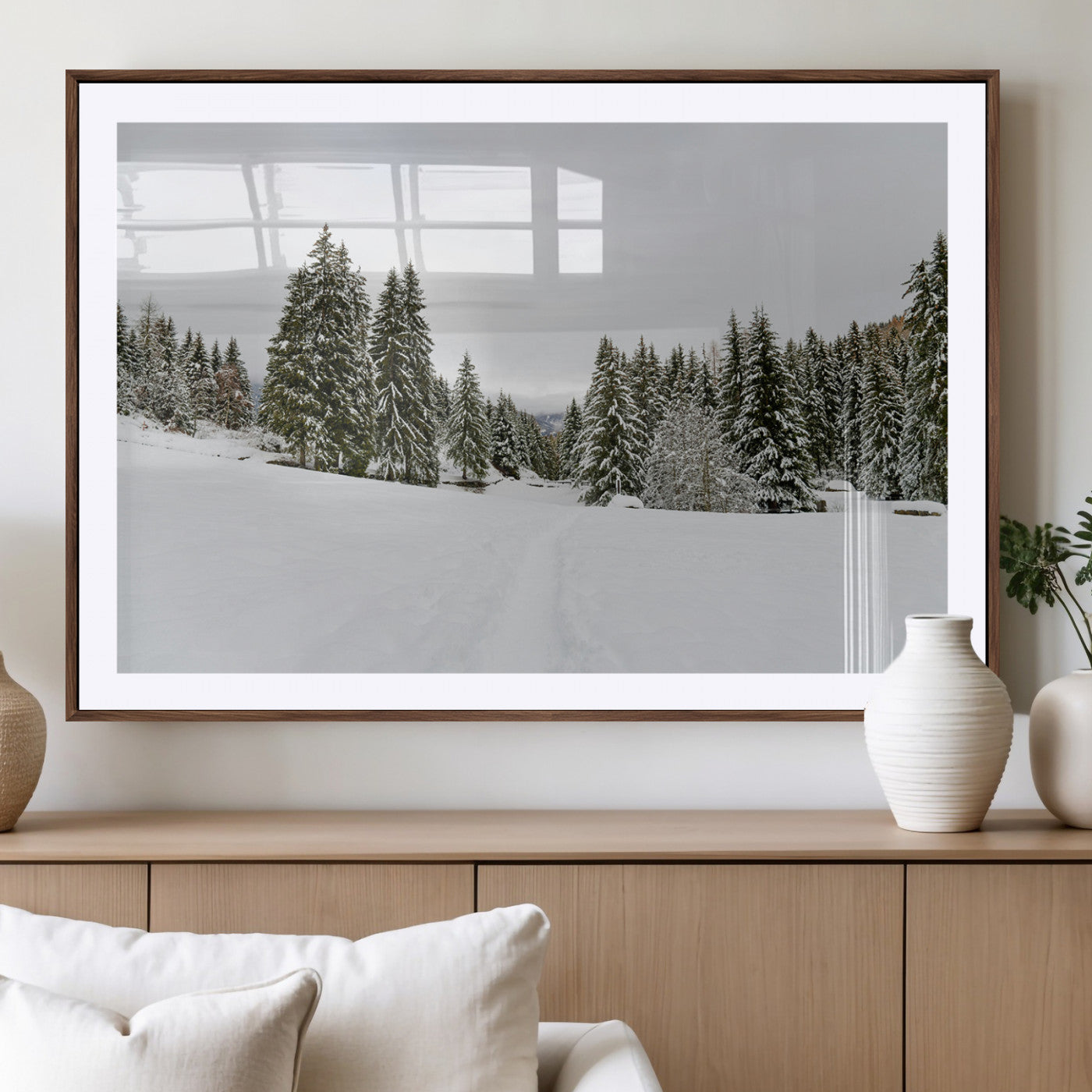 24581417-MGV-CV-36X24-Frosty Pines Wall Art Canvas Print, Framed Silent Snowfall Art Picture Print, Cozy Cabin Vibes Perfect Nordic Minimalist Decor