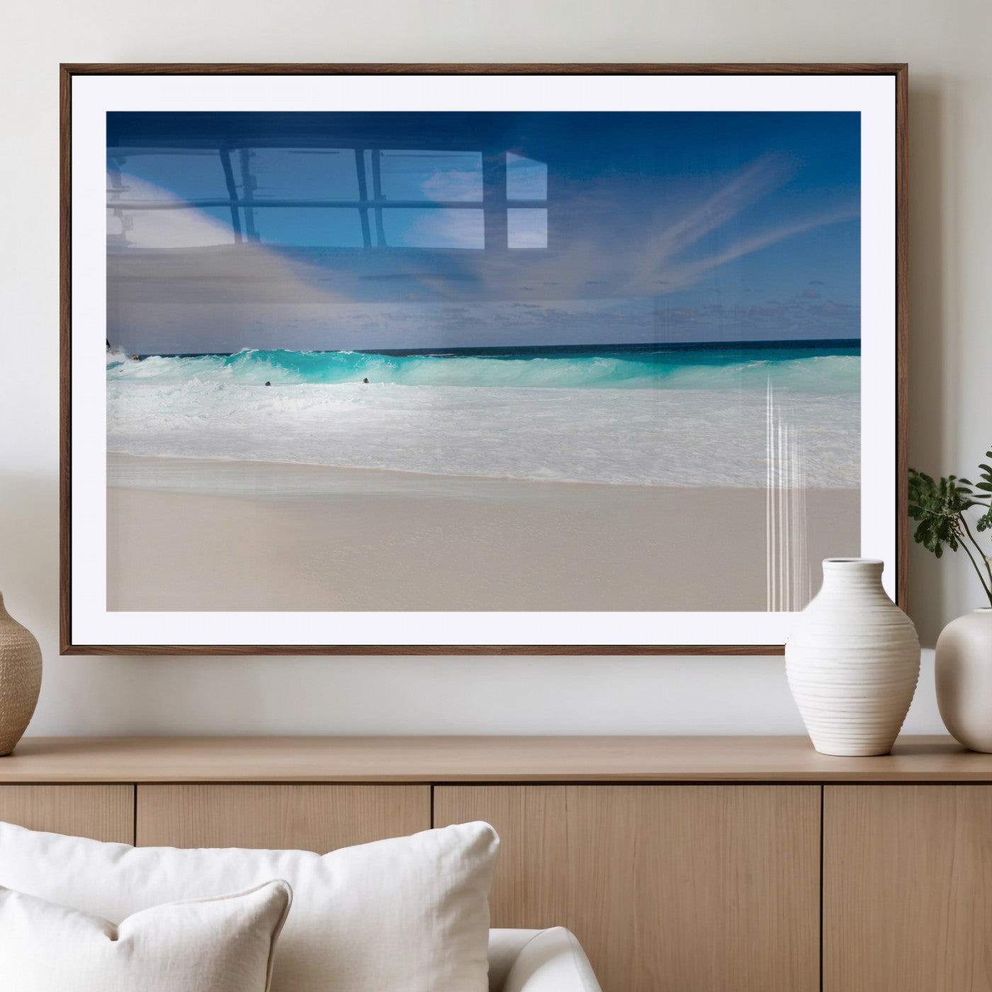 55017356-MGV-CV-36X24-Ocean Beach Wall Art – Turquoise Wave and White Sand Shoreline Canvas Print, Coastal Seascape Photography Decor for Living Room,