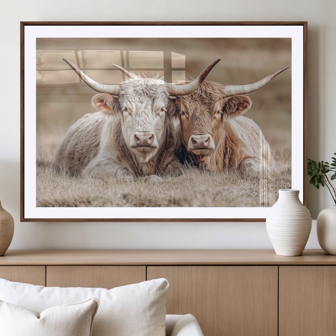 38651722-MGV-CV-36X24-Cow Wall Art – Rustic Longhorn Pair Canvas Print, Western Farmhouse Animal Painting, Country Ranch Decor for Living Room, Bedroom,