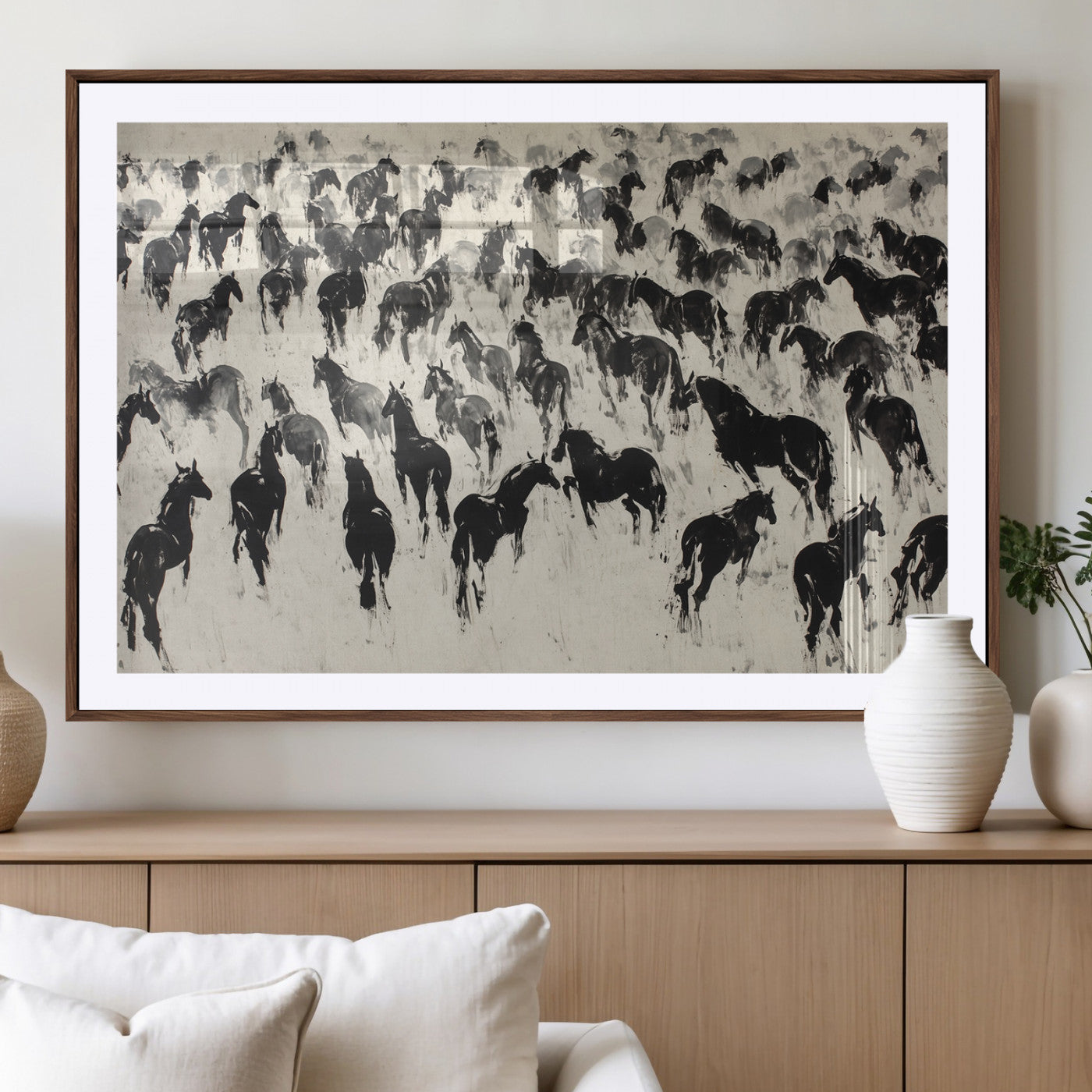 29265745-MGV-CV-36X24-Wild Horse Herd Wall Art – Black and White Galloping Horses Canvas Print, Rustic Western Farmhouse Décor for Living Room, Bedroom,