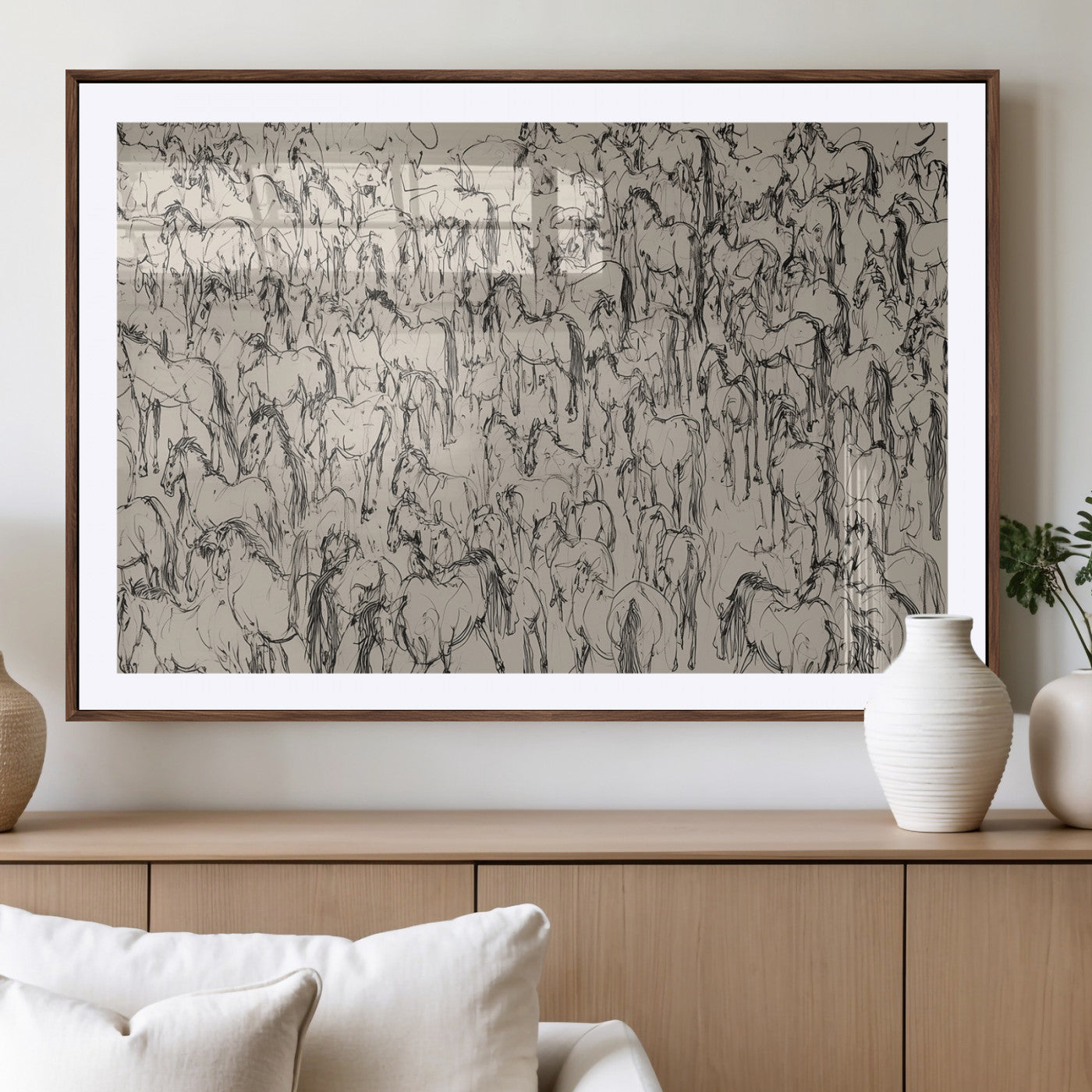 12358908-MGV-CV-36X24-Horse Herd Sketch Wall Art – Abstract Wild Horses Line Drawing Canvas Print, Rustic Western Style Equestrian Decor for Living