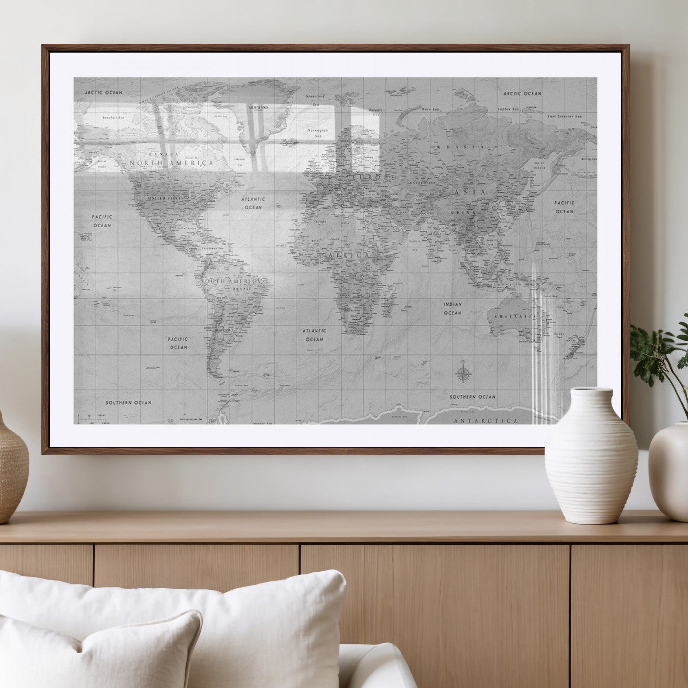 10516725-MGV-CV-36X24-Black and White World Map Wall Art – Minimalist Grayscale Canvas Print – Modern Detailed Travel Map Poster for Home, Office, or