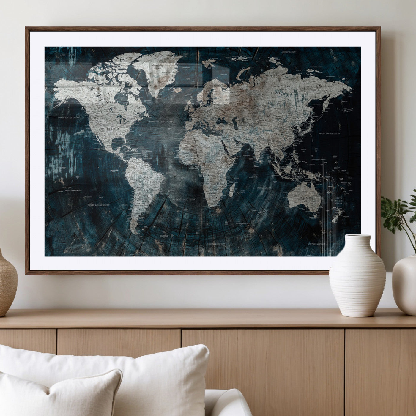 34425609-MGV-CV-36X24-World Map Wall Art – Rustic Navy and Grey Atlas Canvas Print, Distressed Explorer Map Artwork, Industrial Style Decor for Office,