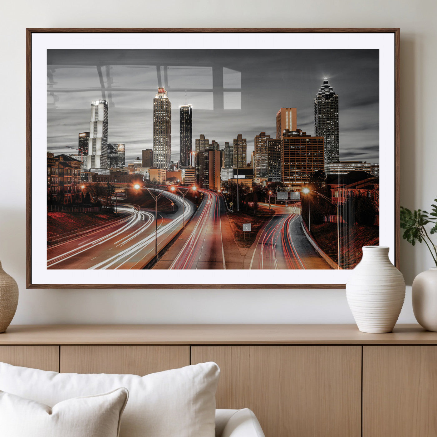 59097239-MGV-CV-36X24-City Skyline Wall Art – Modern Black and White Night Canvas Print with Red Light Trails, Urban Landscape Decor for Living Room or