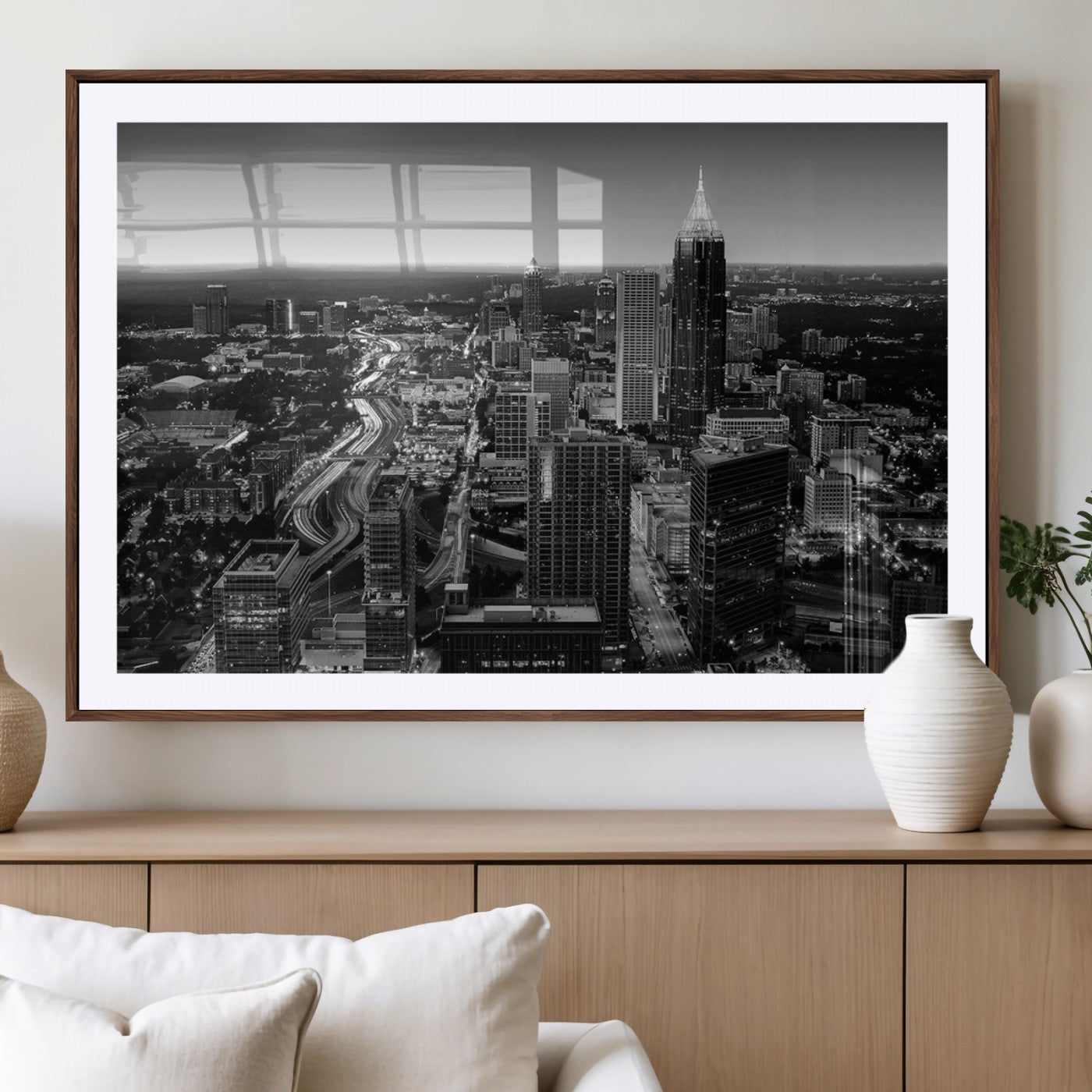 46578567-MGV-CV-36X24-Atlanta Skyline Wall Art – Black and White Cityscape Canvas Print, Modern Urban Night Decor for Office, Living Room, or Apartment