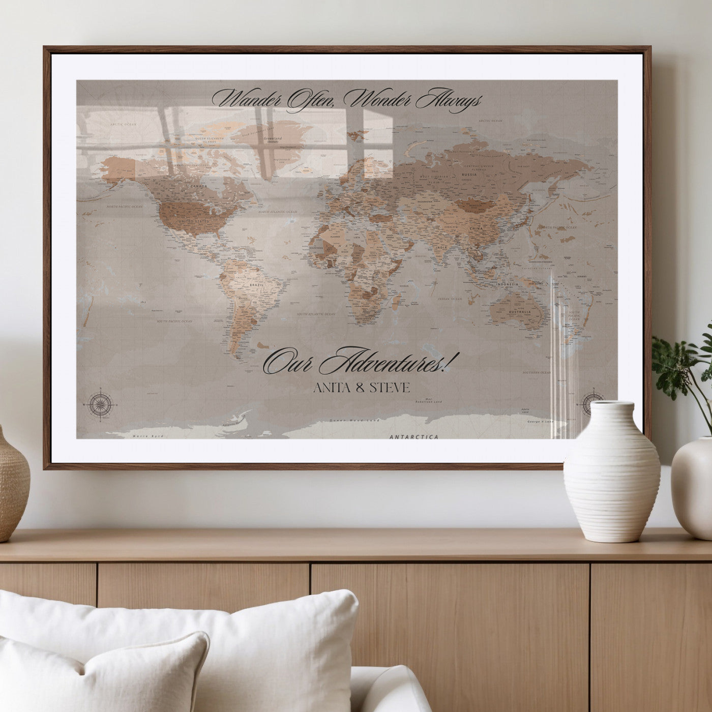 95243244-MGV-CV-36X24-Wander Often Wonder Always World Map Wall Art – Neutral Beige Adventure Canvas Print, Rustic Boho Travel Decor for Bedroom, Living