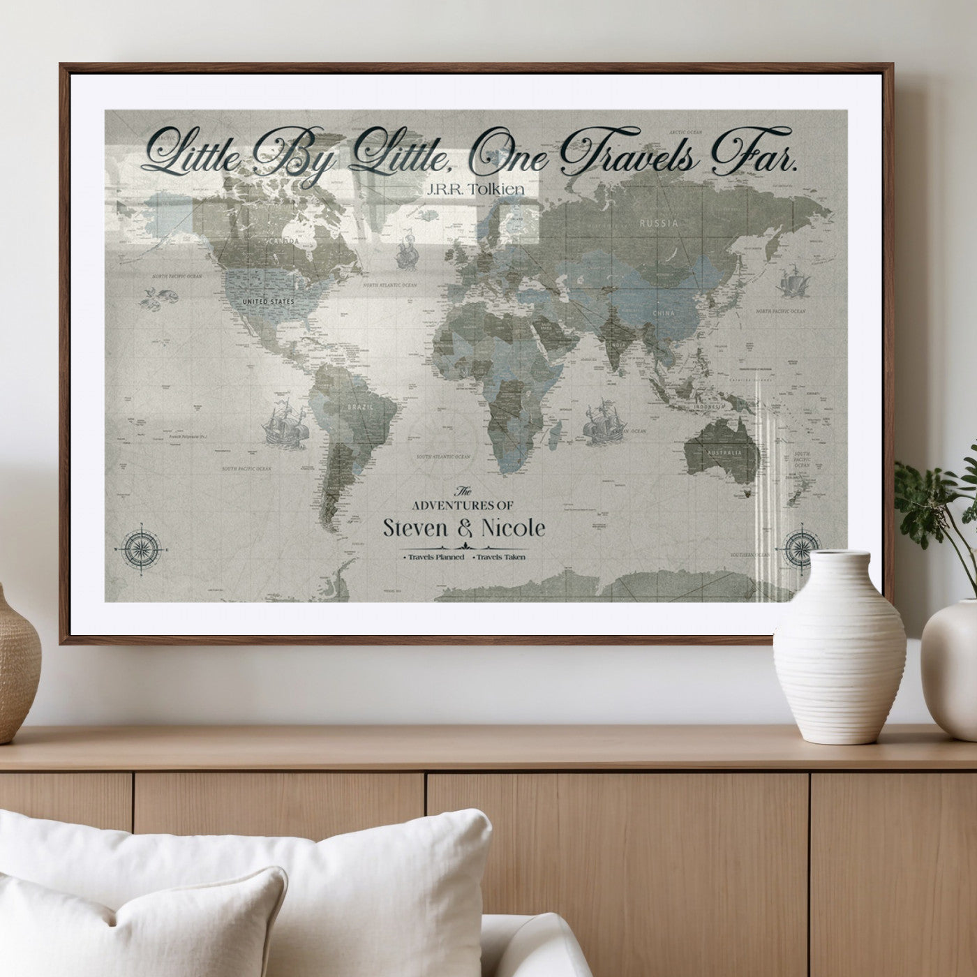 10693204-MGV-CV-36X24-Little By Little One Travels Far Tolkien Quote Blue Green World Map Adventure Wall Art Canvas Print Rustic Wanderlust Travel Decor