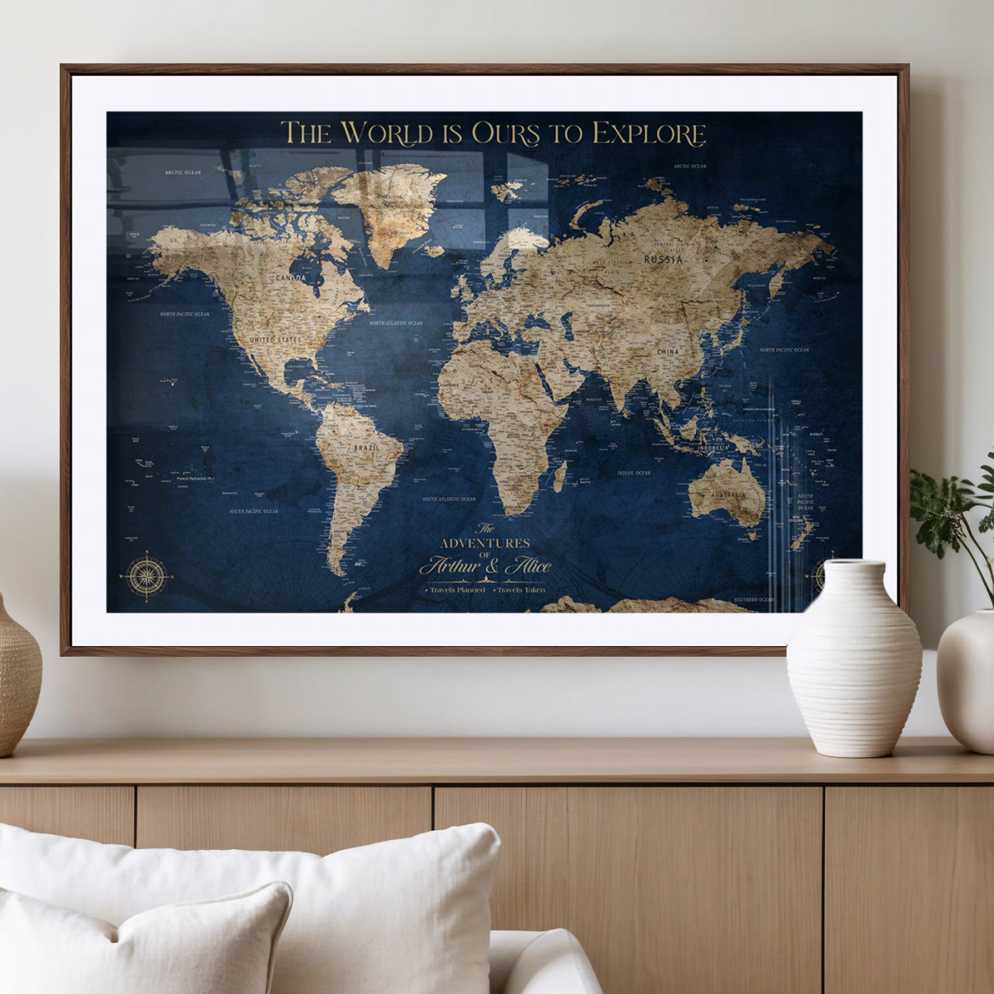 54782997-MGV-CV-36X24-The World is Ours to Explore Wall Art – Blue World Map Canvas Print, Adventure Travel Decor for Home, Office or Living Room,