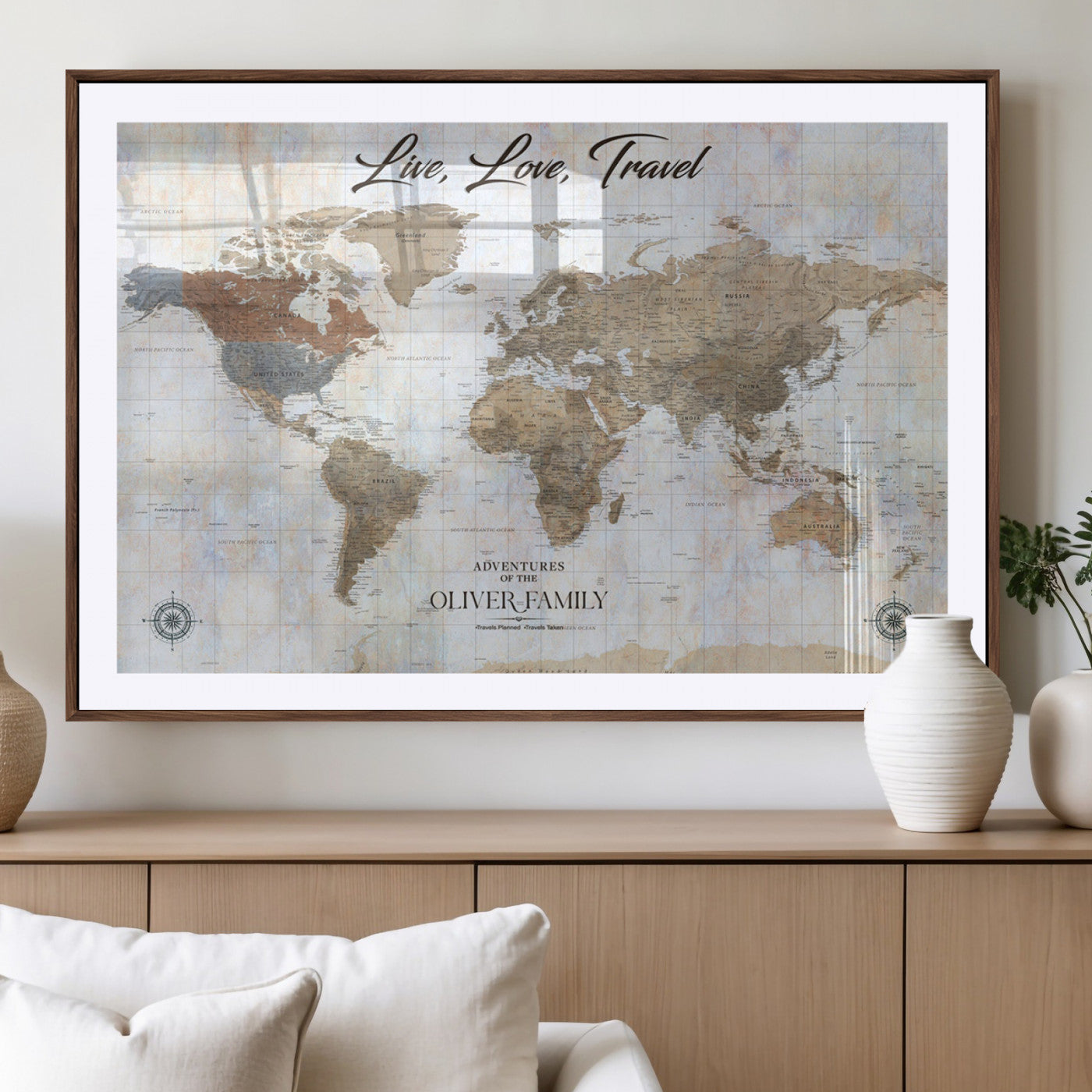43924907-MGV-CV-36X24-Live Love Travel Wall Art – Neutral World Map Canvas Print, Rustic Adventure Decor for Home, Office or Living Room, Unique Gift