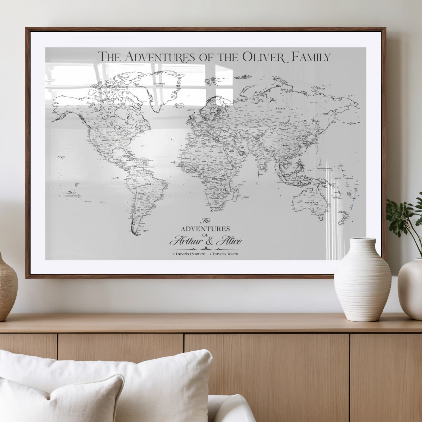 21029247-MGV-CV-36X24-Minimalist World Map Wall Art – Black and White Travel Adventure Print, Modern Family Travel Map Decor for Living Room, Bedroom,