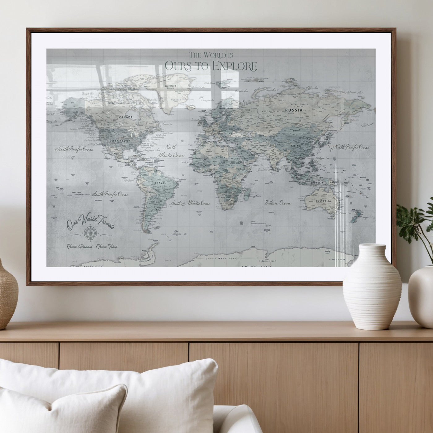 94249974-MGV-CV-36X24-Ours Explore World Map Wall Art – Modern Travel Canvas Print, Neutral Adventure Decor for Living Room, Office, Study, Bedroom,