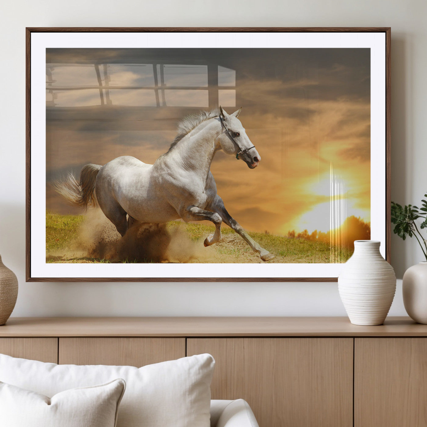 44295212-MGV-CV-36X24-Horse Wall Art – Running White Stallion Canvas Print with Sunset Background, Western Wildlife Decor for Living Room, Office, or
