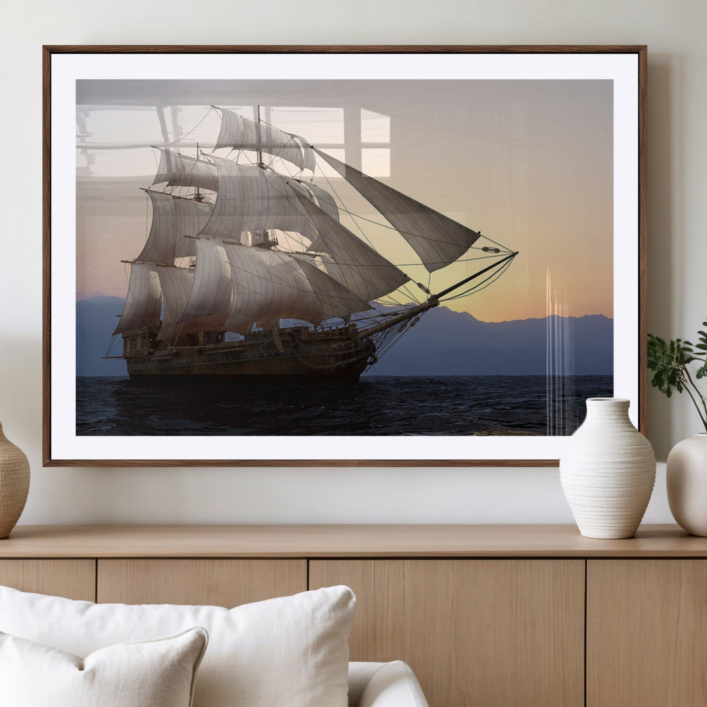 31270610-MGV-CV-36X24-Sailing Ship Wall Art – Sunset Seascape Canvas Print with Tall Ship at Sea, Nautical Ocean Decor for Living Room, Office, or