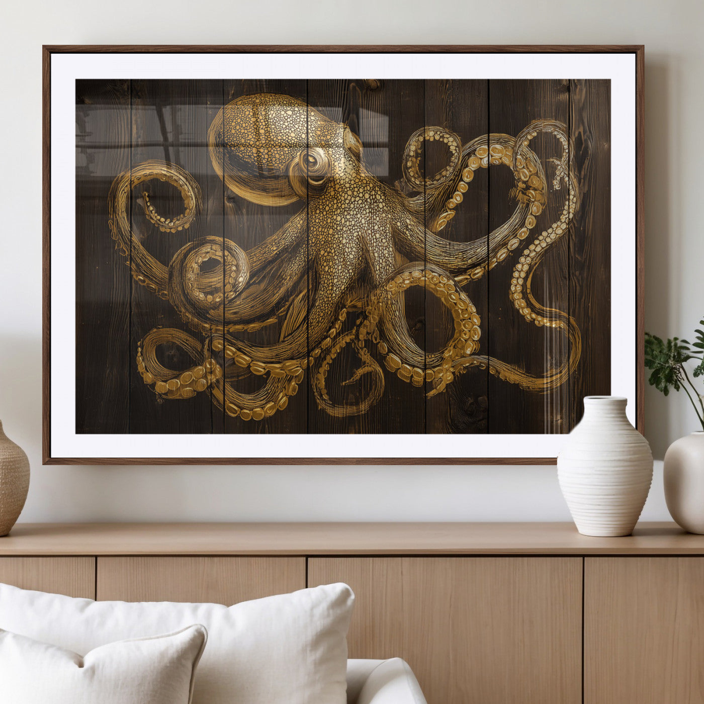 56769669-MGV-CV-36X24-Octopus Wall Art – Gold Nautical Canvas Print with Rustic Wood Panel Design, Detailed Marine Artwork for Coastal Ocean Decoration
