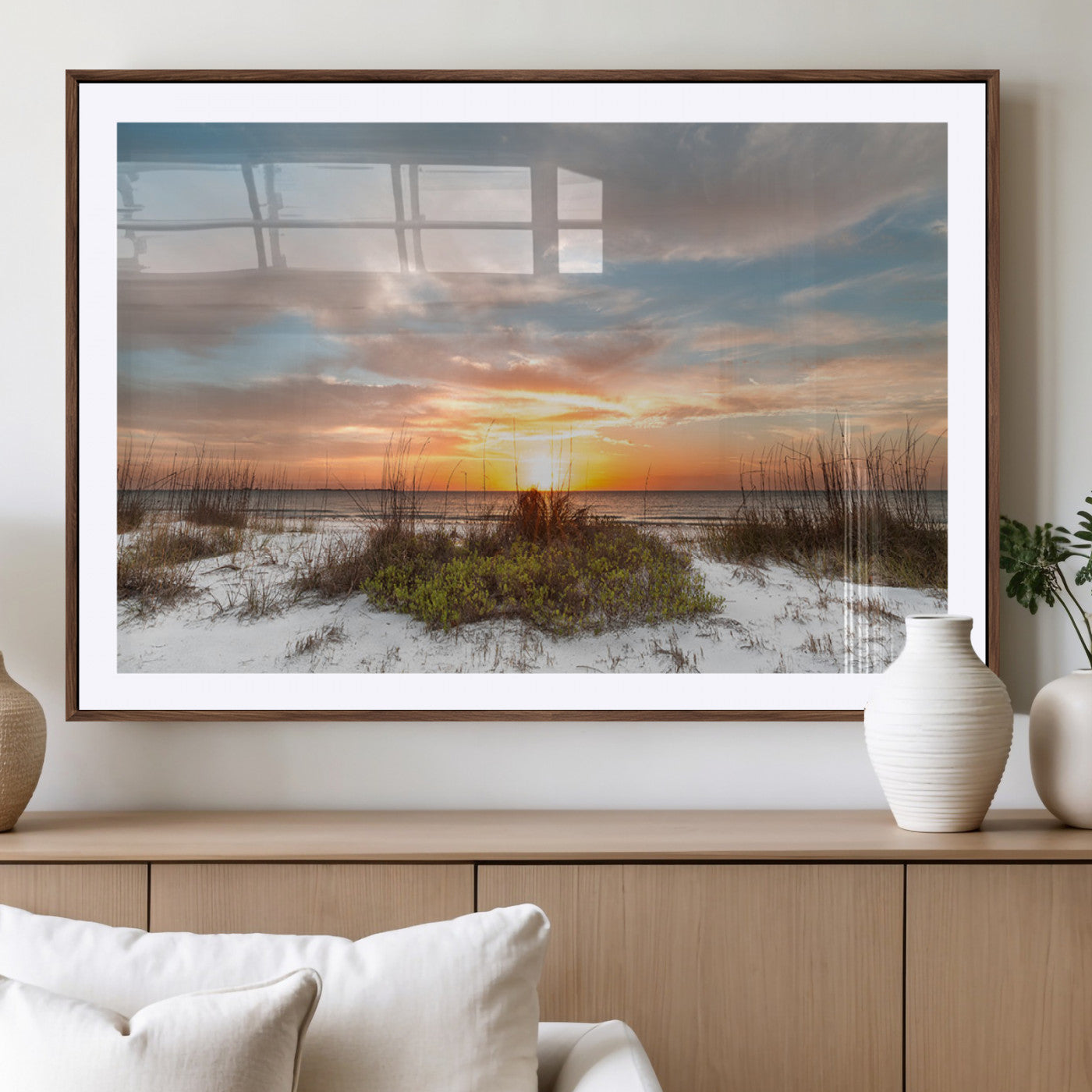 58266230-MGV-CV-36X24-Beach Sunset Wall Art – Coastal Canvas Print with Sandy Dunes, Sea Grass and Golden Sky, Serene Ocean Landscape Photography for