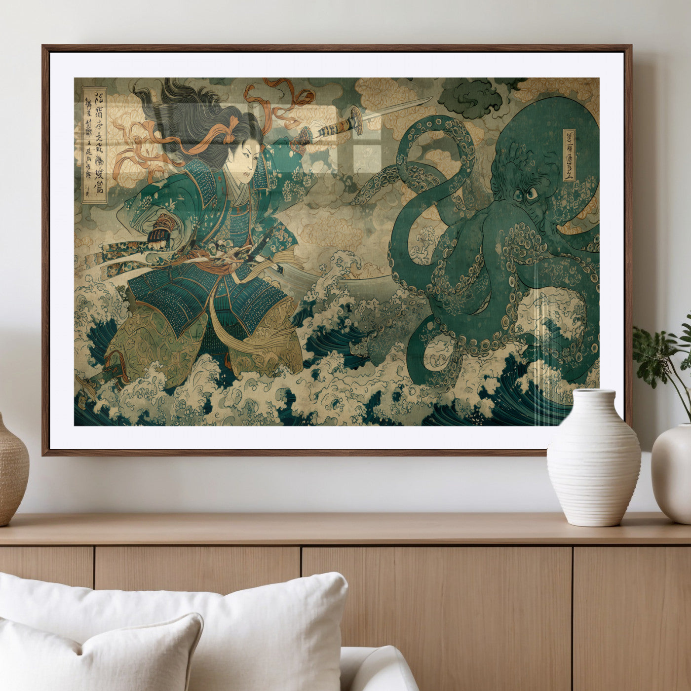24416422-MGV-CV-36X24-Samurai vs Octopus Wall Art – Japanese Warrior Ocean Battle Canvas Print, Ukiyo e Inspired Decor for Home, Office, or Man Cave