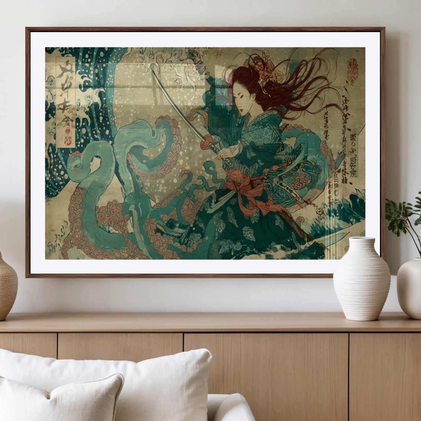 86918027-MGV-CV-36X24-Samurai Warrior vs Octopus Wall Art – Japanese Ukiyo-e Ocean Battle Canvas Print, Traditional Samurai Artwork for Living Room,