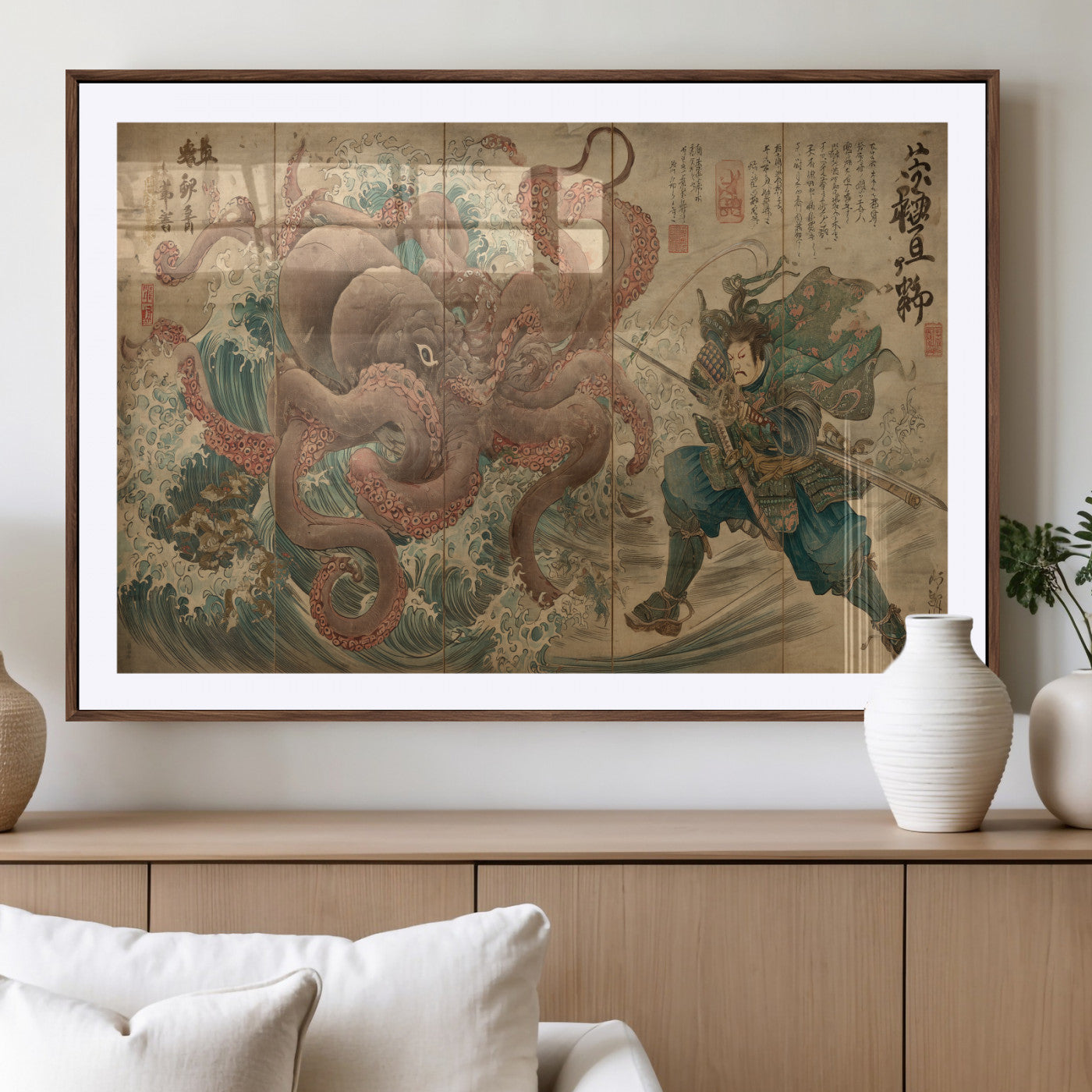 63782167-MGC-FP-36x24_Walnut-Tsukioka Yoshitoshi Samurai Wall Art Print, Japanese Katana Warrior Canvas Wall Art, Octopus Sea Monster Canvas Print,