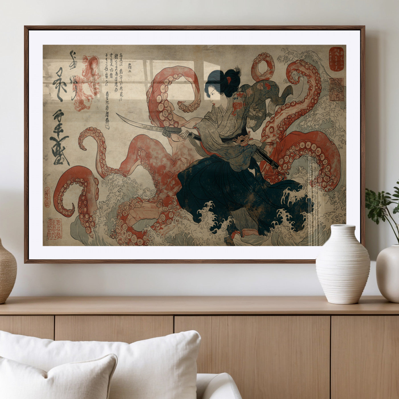 82737246-MGV-CV-36X24-Samurai Woman vs Octopus Wall Art – Japanese Ukiyo-e Dual Sword Canvas Print, Red Tentacle Ocean Battle Artwork for Living Room,