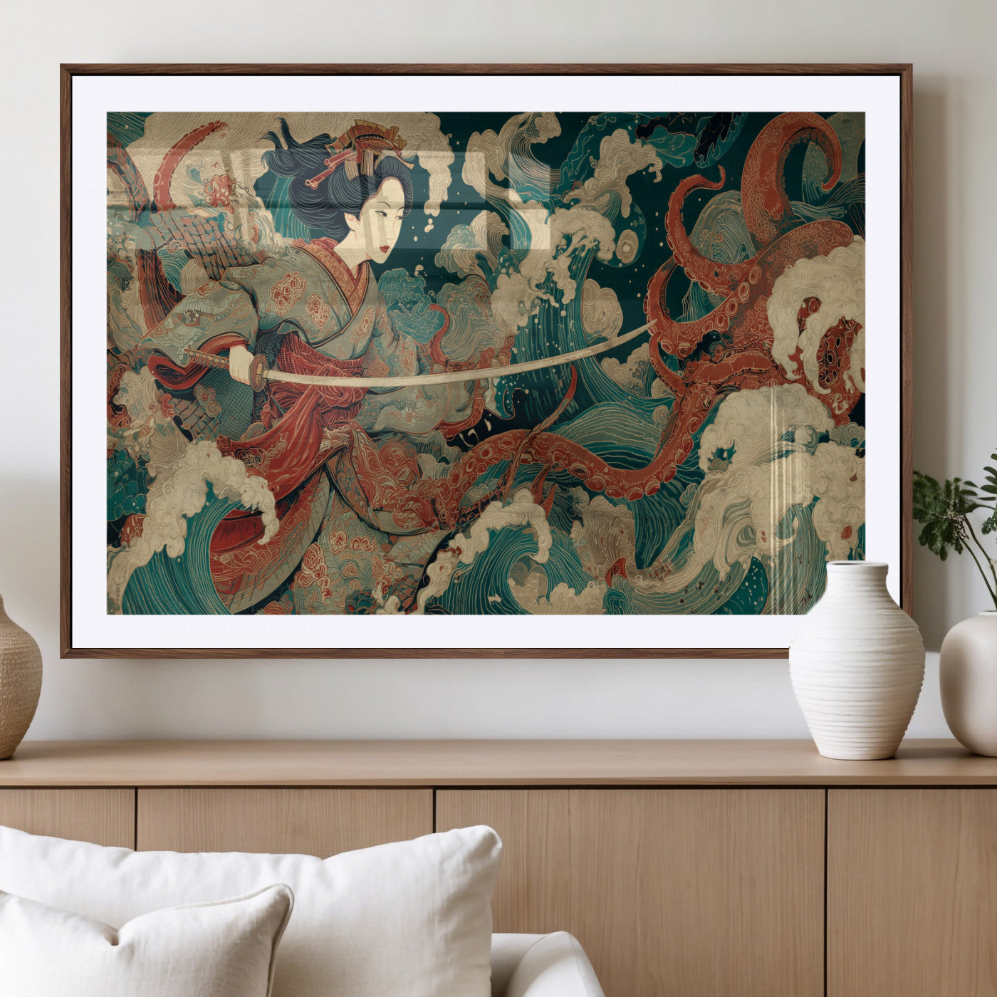 30212982-MGV-CV-36X24-Samurai Woman vs Octopus Wall Art – Japanese Ukiyo-e Style Warrior and Sea Monster Canvas Print, Mythology Inspired Artwork for