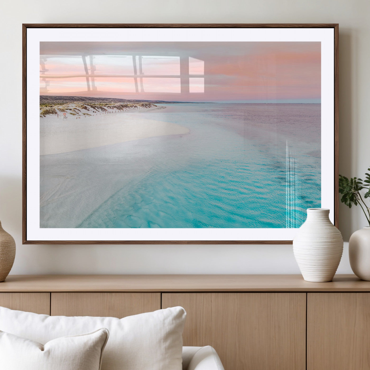 41613614-MGV-CV-36X24-Beach Sunset Wall Art – Pastel Ocean Canvas Print, Turquoise Water and Pink Sky Photography Decor for Bedroom, Living Room, Office