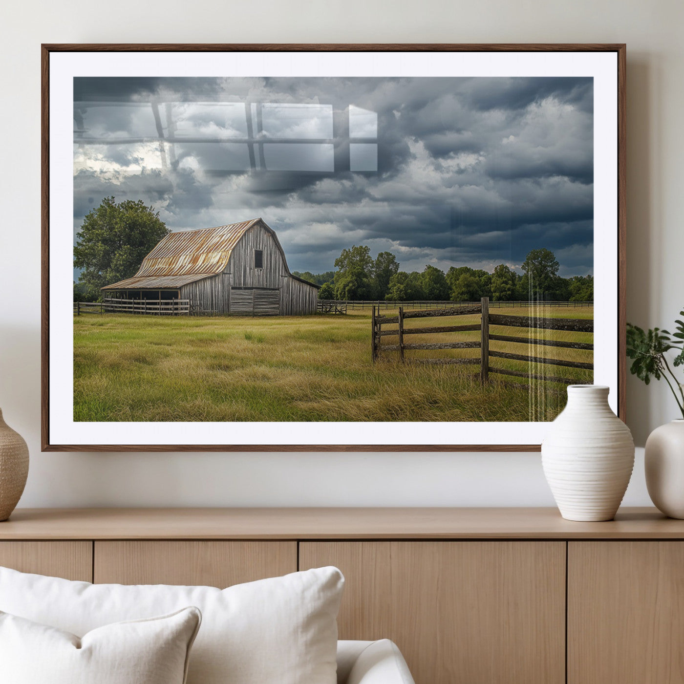 39409517-MGV-CV-36X24-Rustic Barn Wall Art – Weathered Farmhouse and Storm Clouds Canvas Print, Country Landscape Photography Decor for Bedroom, Living