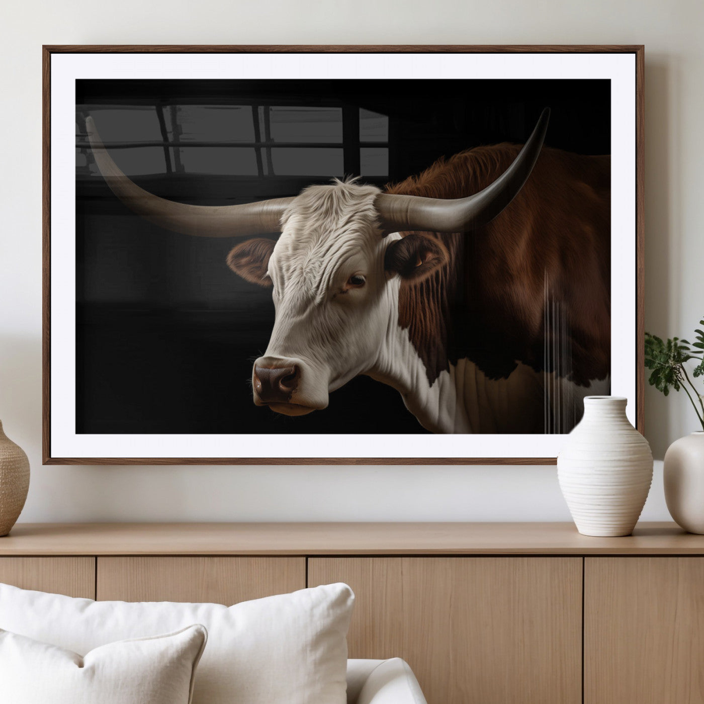 27414857-MGV-CV-36X24-Longhorn Bull Wall Art – Dramatic Western Steer Portrait Canvas Print, Rustic Farmhouse Animal Decor for Living Room, Office, or