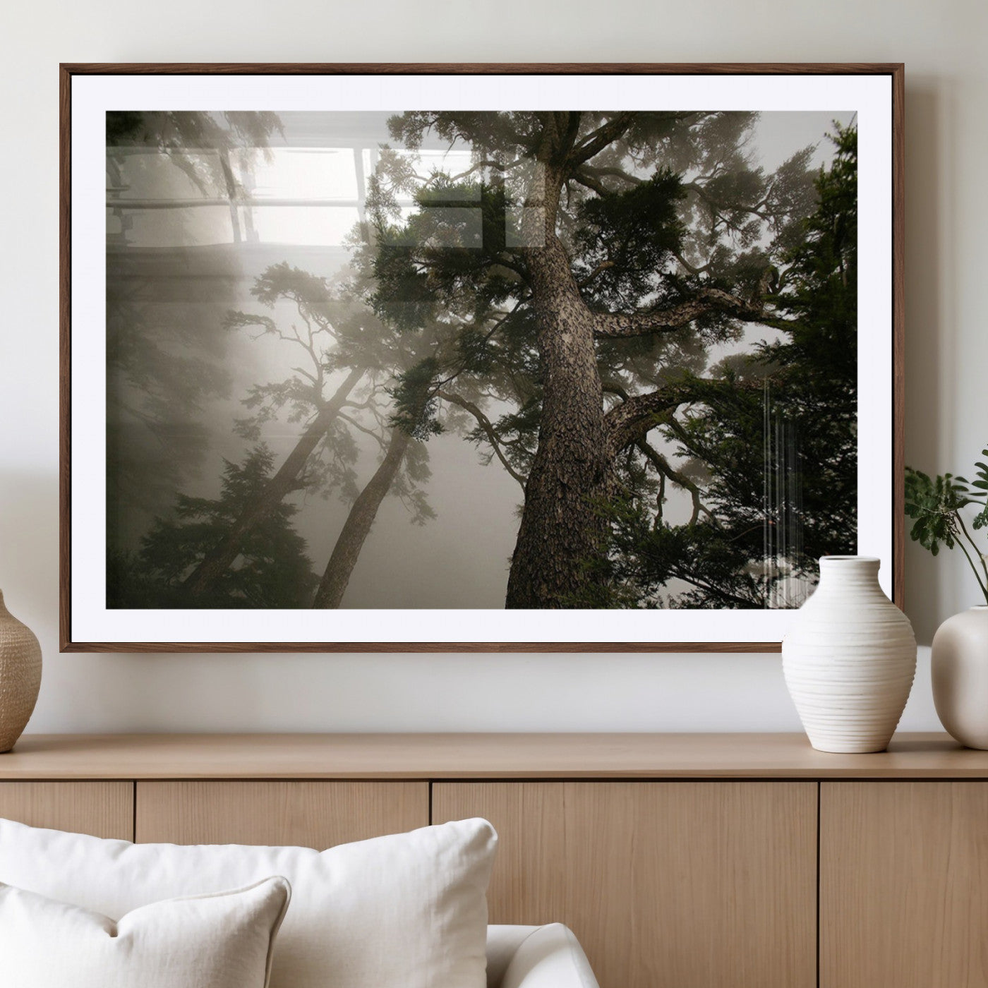 87969493-MGV-CV-36X24-Forest Wall Art – Misty Tall Trees Canvas Print, Dramatic Woodland Photography Decor for Bedroom, Living Room, Office, Cabin,