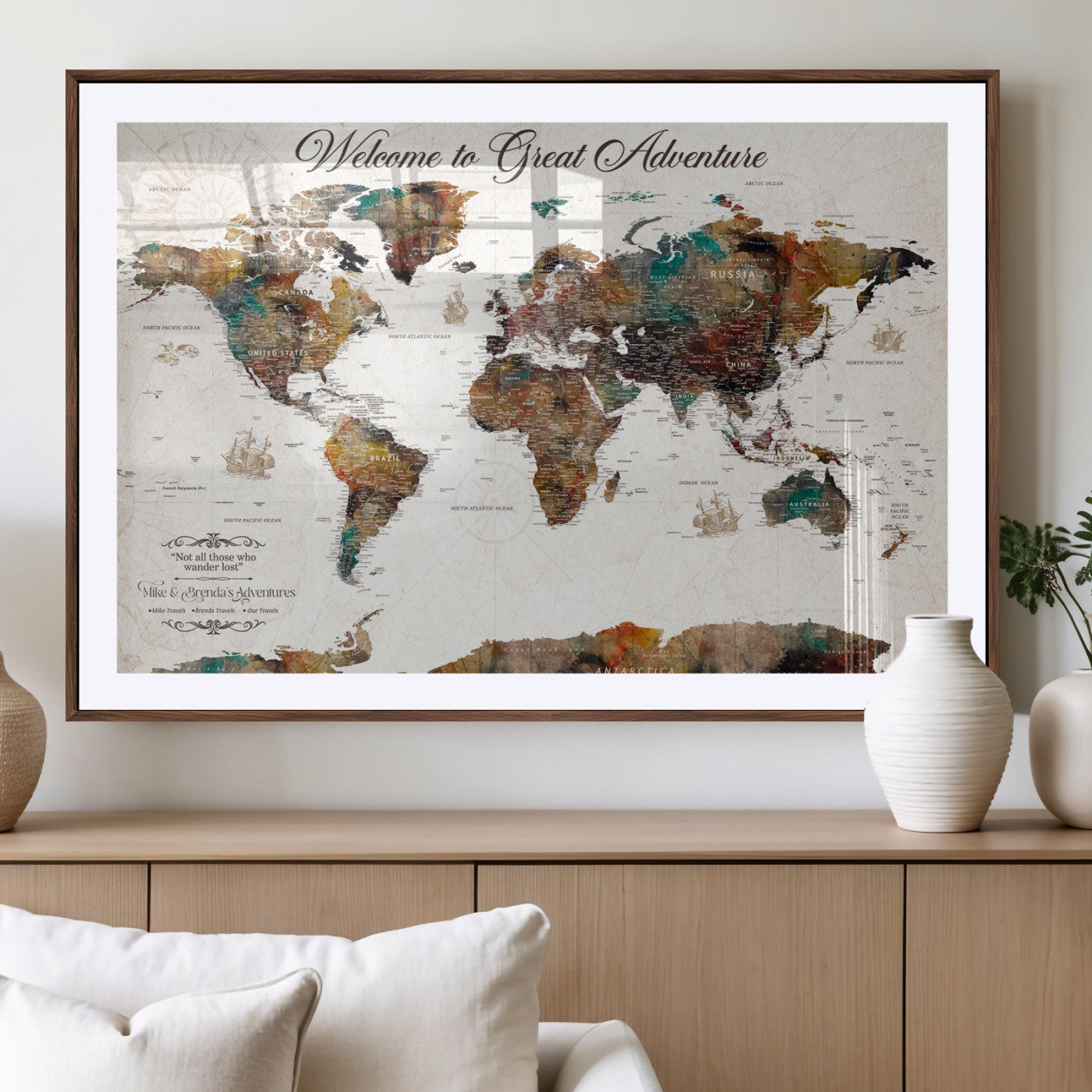 67029173-MGV-CV-36X24-Personalized World Map Wall Art – Colorful Vintage Adventure Travel Map with Custom Couple Names, Rustic Wall Decor for Home,