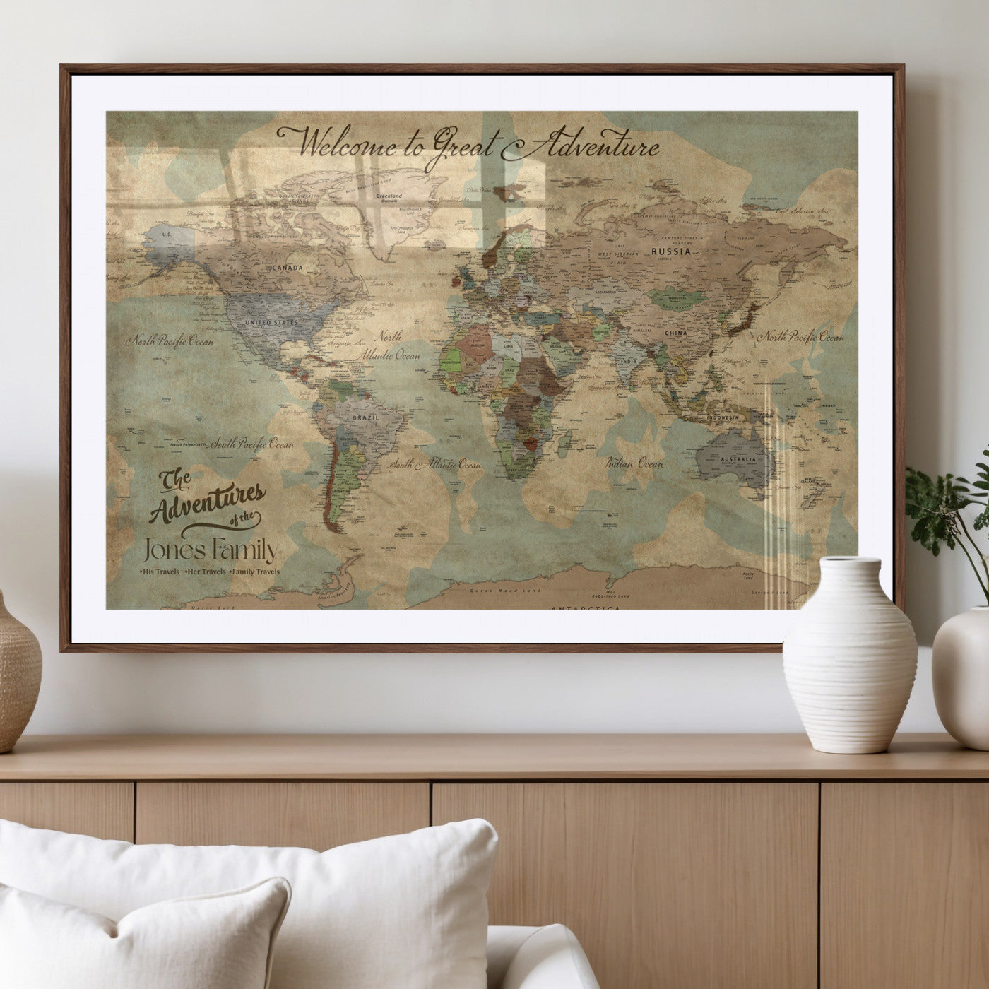 32019746-MGV-CV-36X24-Personalized World Map Wall Art – Vintage Camo Adventure Travel Map with Custom Family Names, Rustic Wall Decor for Couples, Home