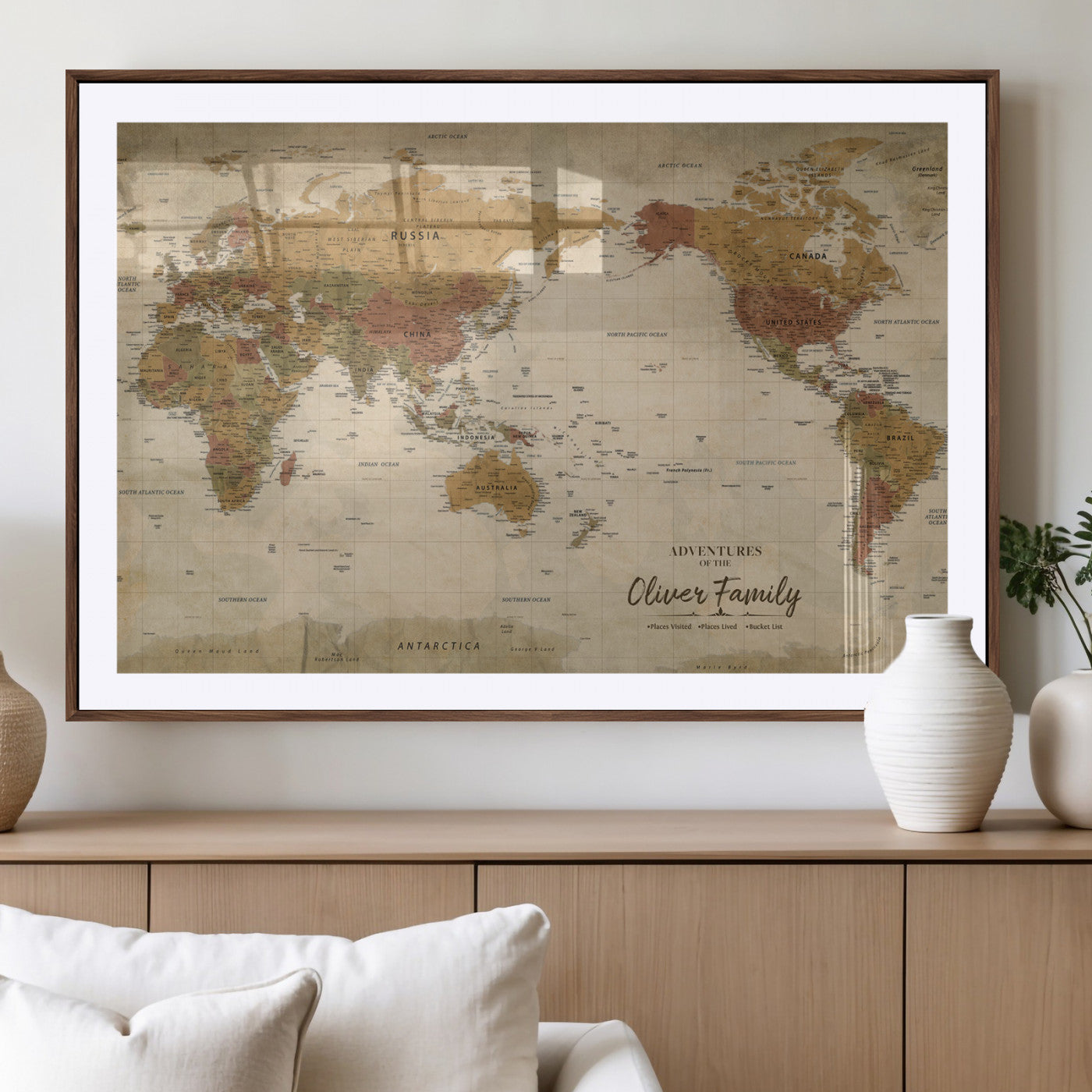31874045-MGV-CV-36X24-Personalized World Map Wall Art – Vintage Earth Tone Adventure Map with Custom Family Names, Rustic Travel Decor for Home, Couples