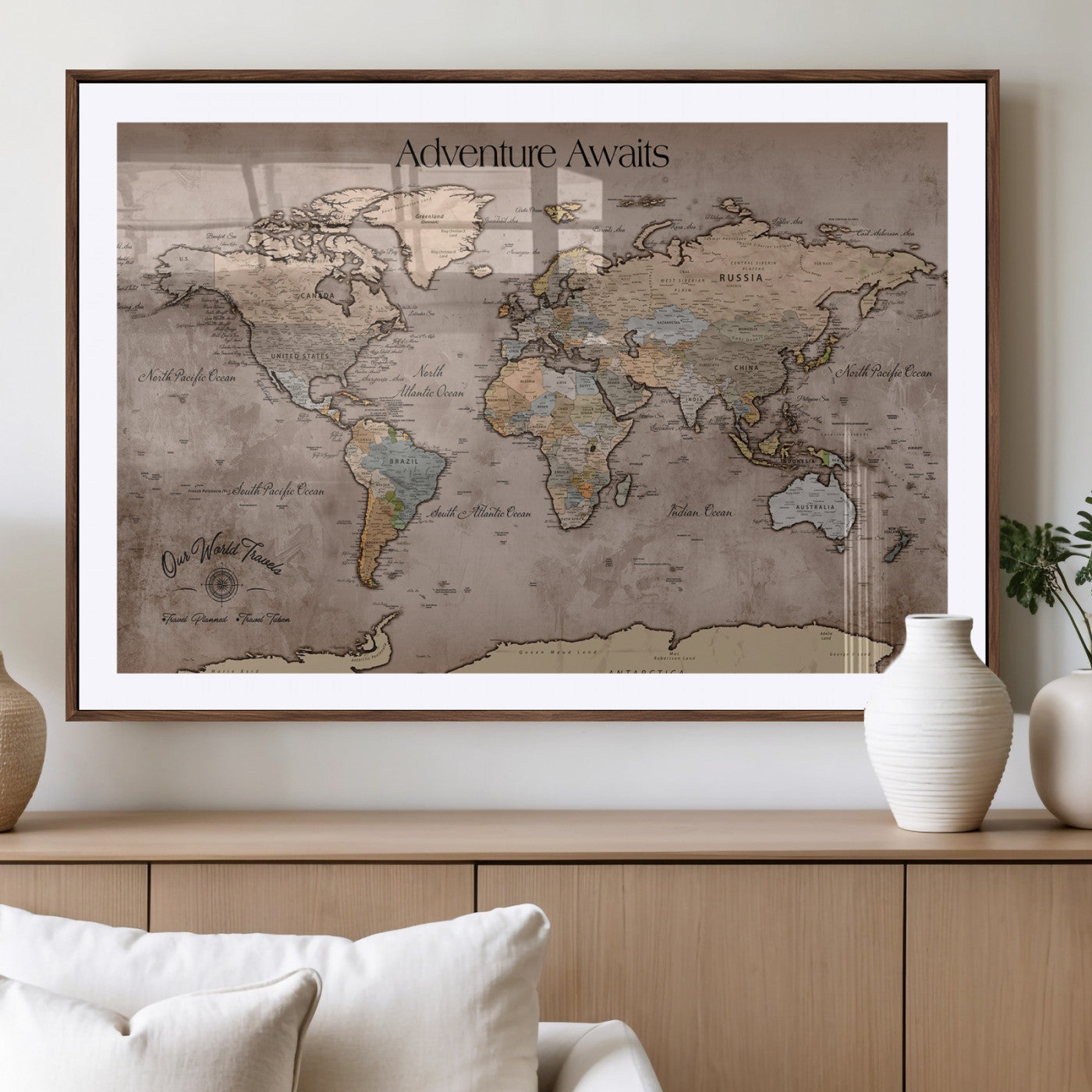 93226713-MGV-CV-36X24-Personalized World Map Wall Art – Adventure Awaits Rustic Earth-Tone Travel Map with Custom Names, Vintage Wall Decor for Couples,