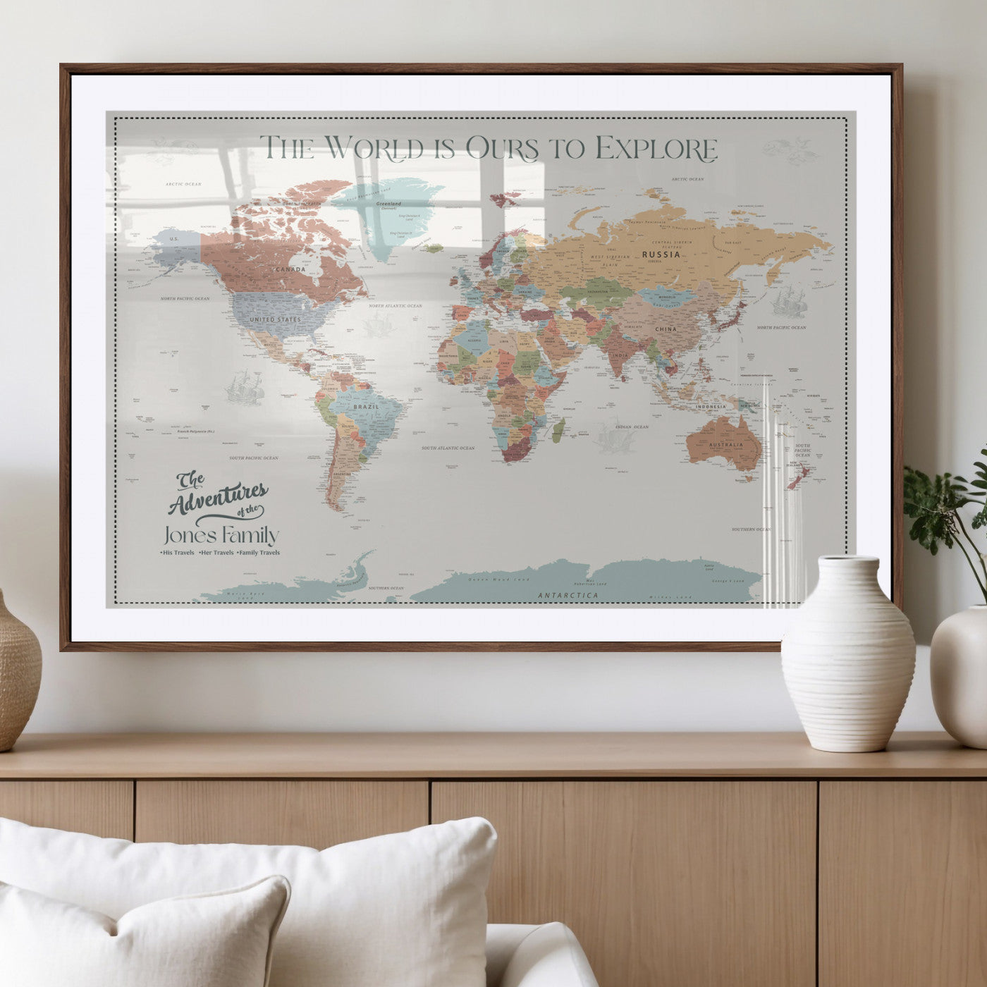69180591-MGV-CV-36X24-Personalized World Map Wall Art – Rustic Vintage Adventure Travel Map with Custom Family Names, Unique Wall Decor for Couples,