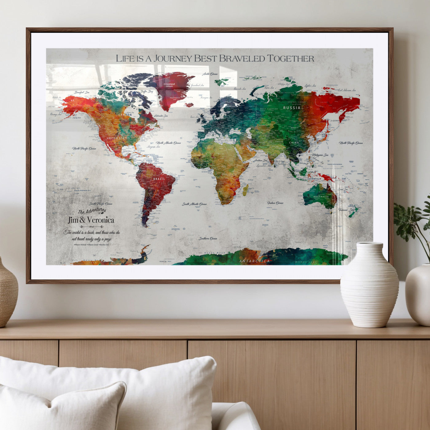 95876117-MGV-CV-36X24-Personalized World Map Wall Art – Colorful Watercolor Travel Map with Custom Names, Romantic Wall Decor for Couples, Wedding or