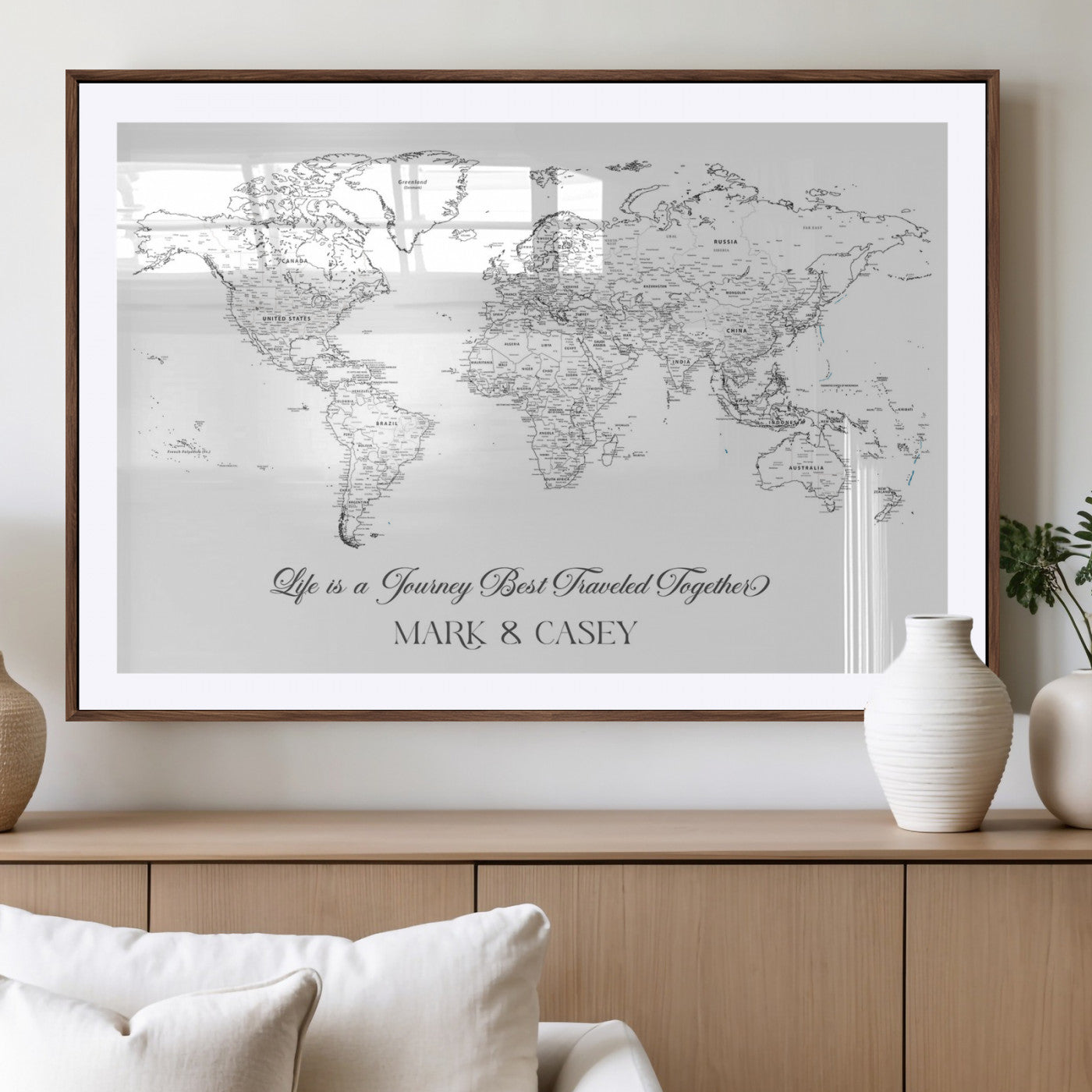 43438578-MGV-CV-36X24-Personalized World Map Wall Art – Black and White Minimal Travel Map with Custom Names, Elegant Wall Decor for Couples, Wedding or