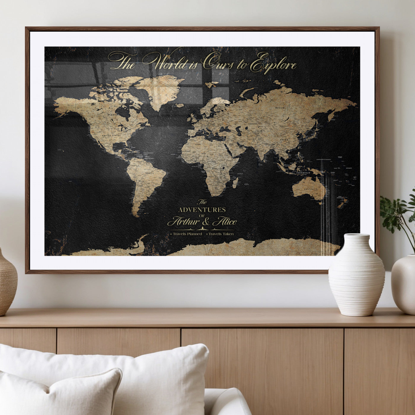 98947257-MGV-CV-36X24-Personalized World Map Wall Art – Vintage Black Adventure Travel Map with Custom Names, Elegant Push Pin Canvas for Couples Home