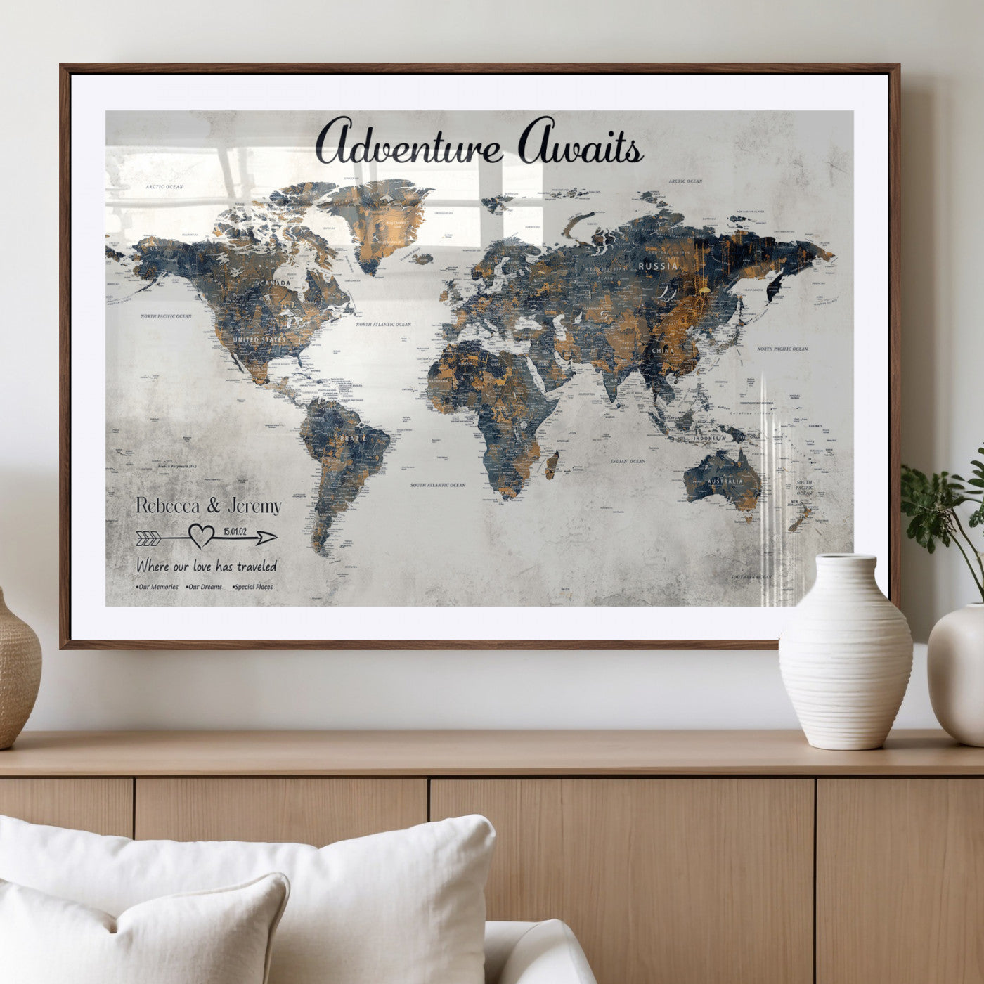 11751559-MGV-CV-36X24-Personalized World Map Wall Art – Elegant Adventure Travel Tracker Map for Couples & Families, Push Pin Canvas Poster Decor for Home, Office