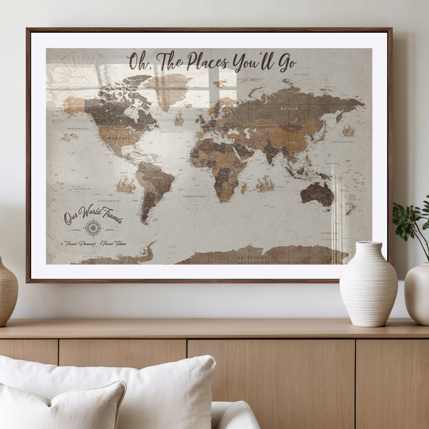 14140137-MGV-CV-36X24-Personalized World Map Wall Art – Vintage Nautical Adventure Map with Ships and Compass, Rustic Sepia Tones for Travel Lovers and