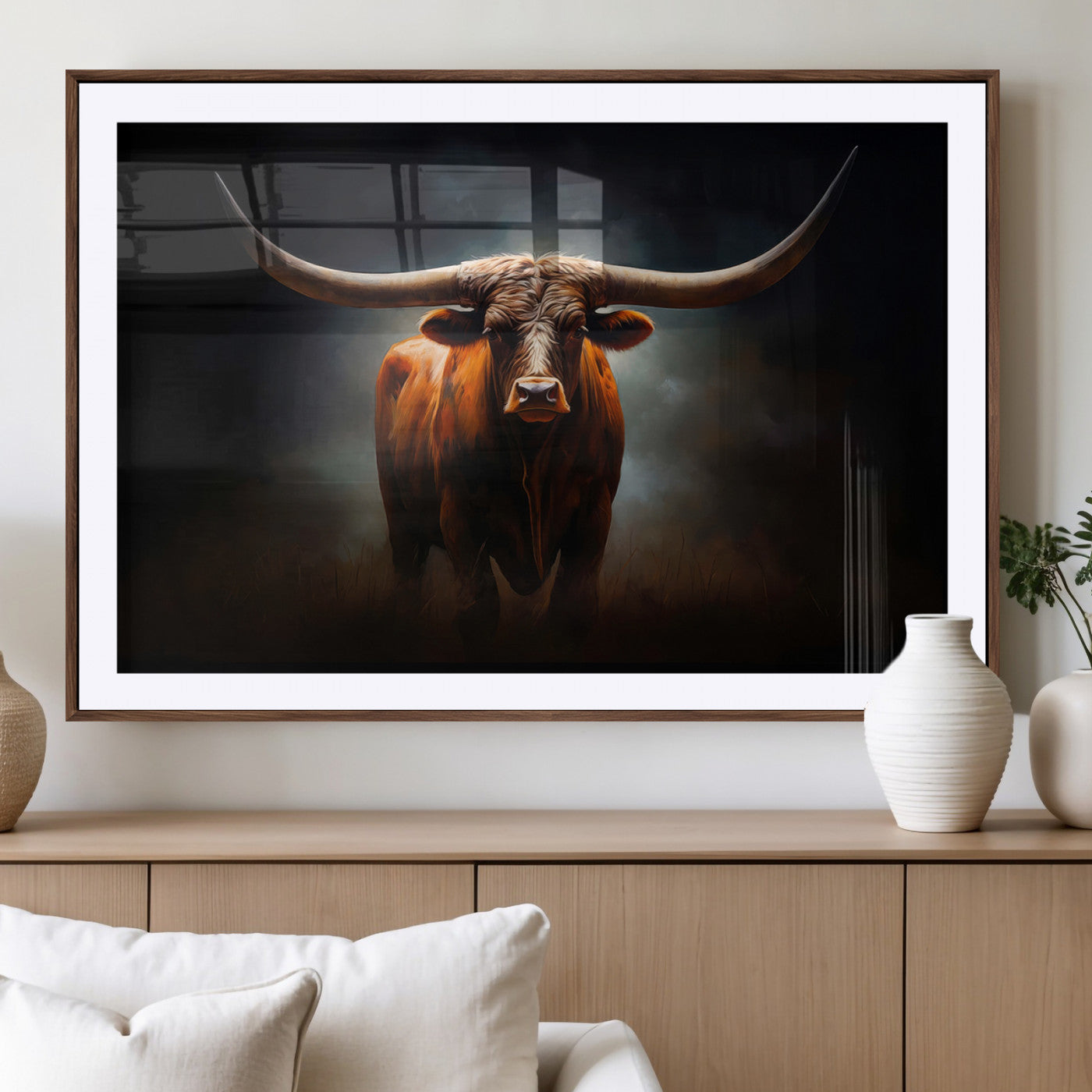 12484-MGV-CV-36X24-Texas Longhorn Wall Art Canvas Print, Framed Western Bull Art Picture Print, Moody Cattle Perfect Moody Western Decor Artwork